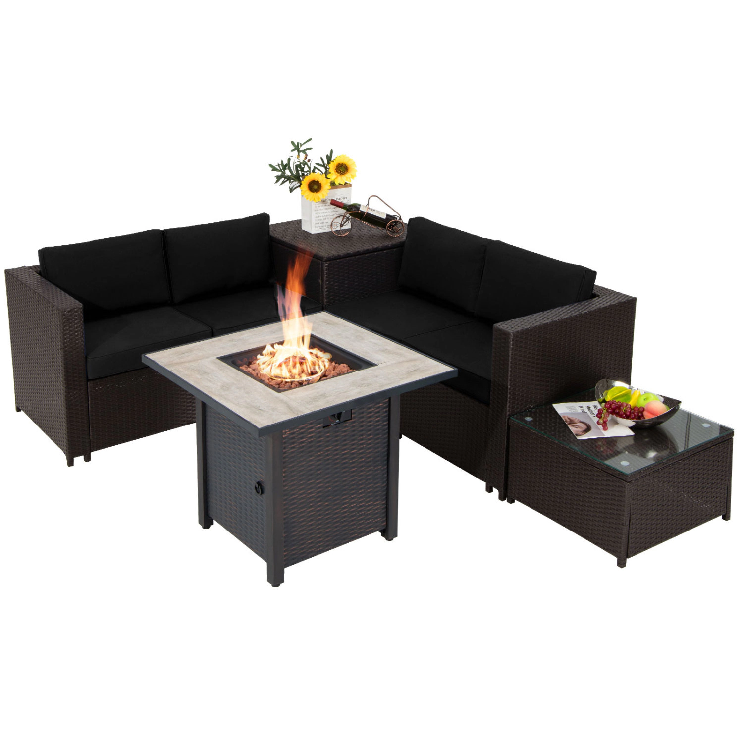LJG 5-Piece Patio Furniture Set with 30 Inches Gas Fire Pit Table Outdoor PE Wicker Sofa Set