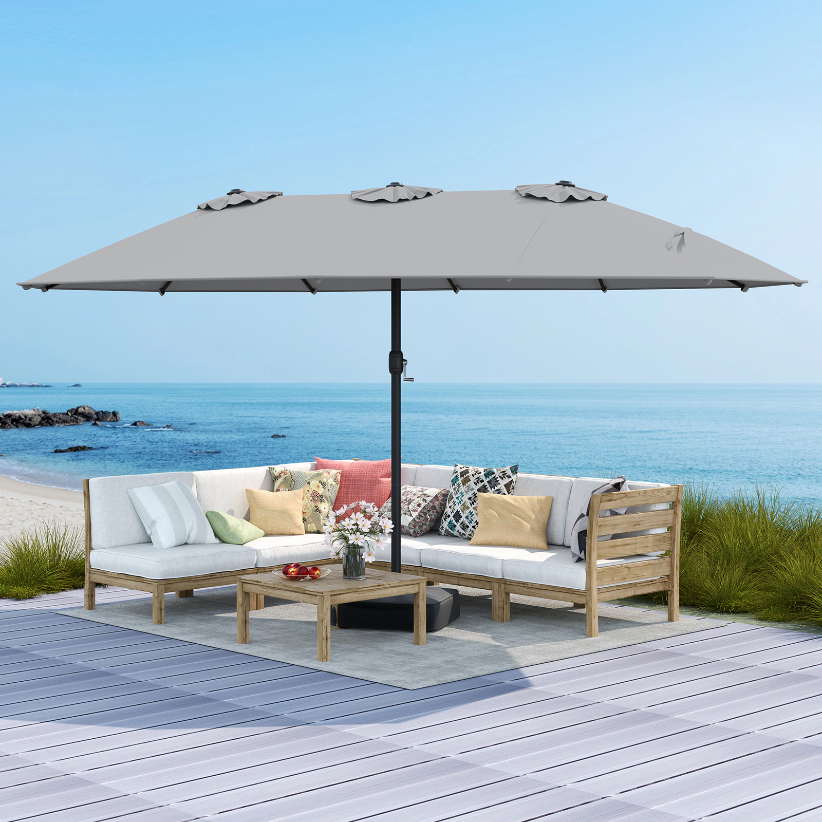 SUGIFT 15-ft Gray Rectangular Double-Sided Market Patio Umbrella, 12 Ribs, Steel Pole