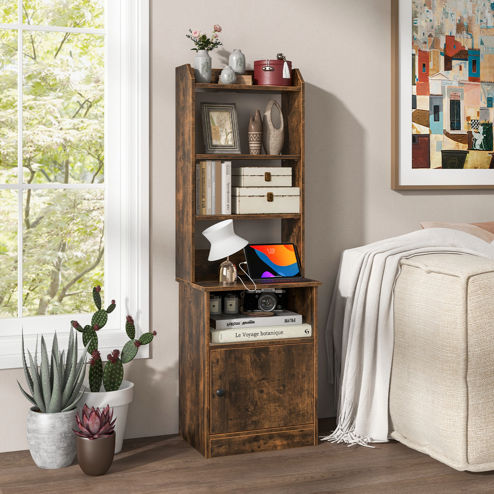 Costway Nightstand Bedside End Side Table Bookshelf w/ Charging Station
