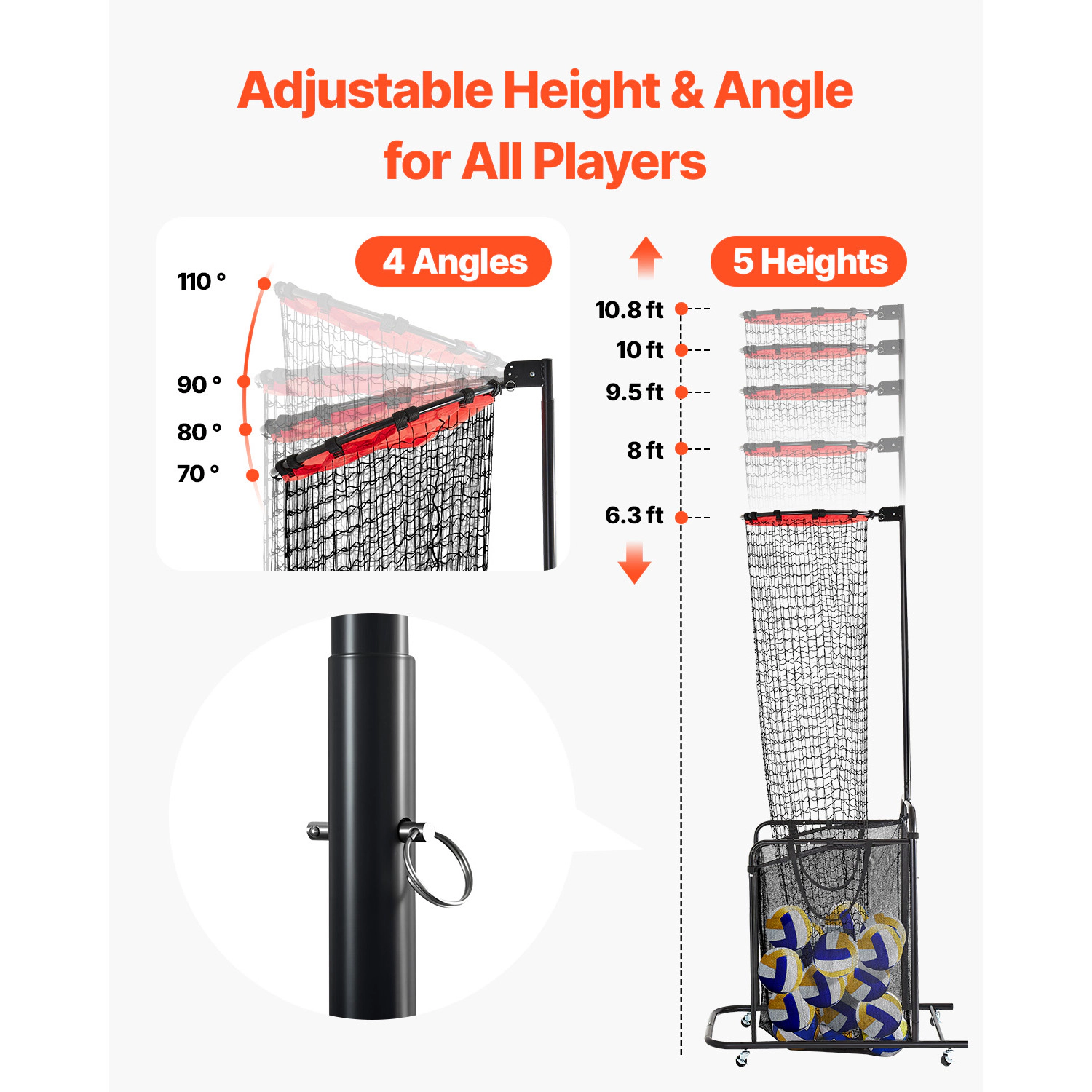 HONGGE Volleyball Setter Training Net with Locking Wheels, Angle & Height Adjustable 6.3-10.8 ft, Cart Trainer