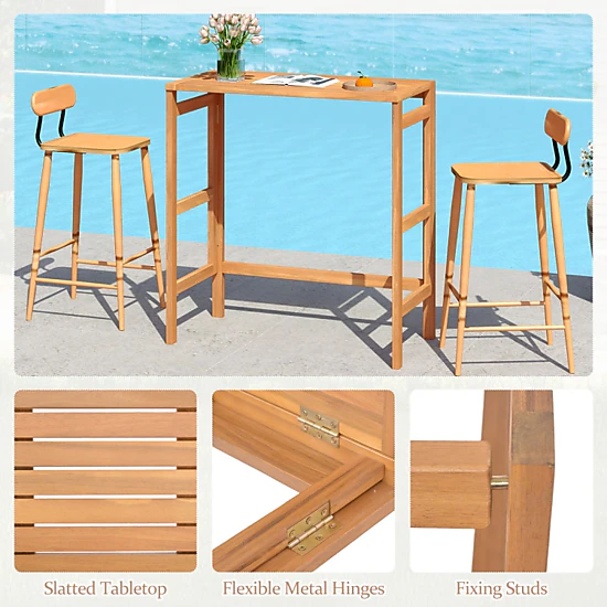 Hivvago Acacia Wood Outdoor Bar Table With Slatted Tabletop For Balcony