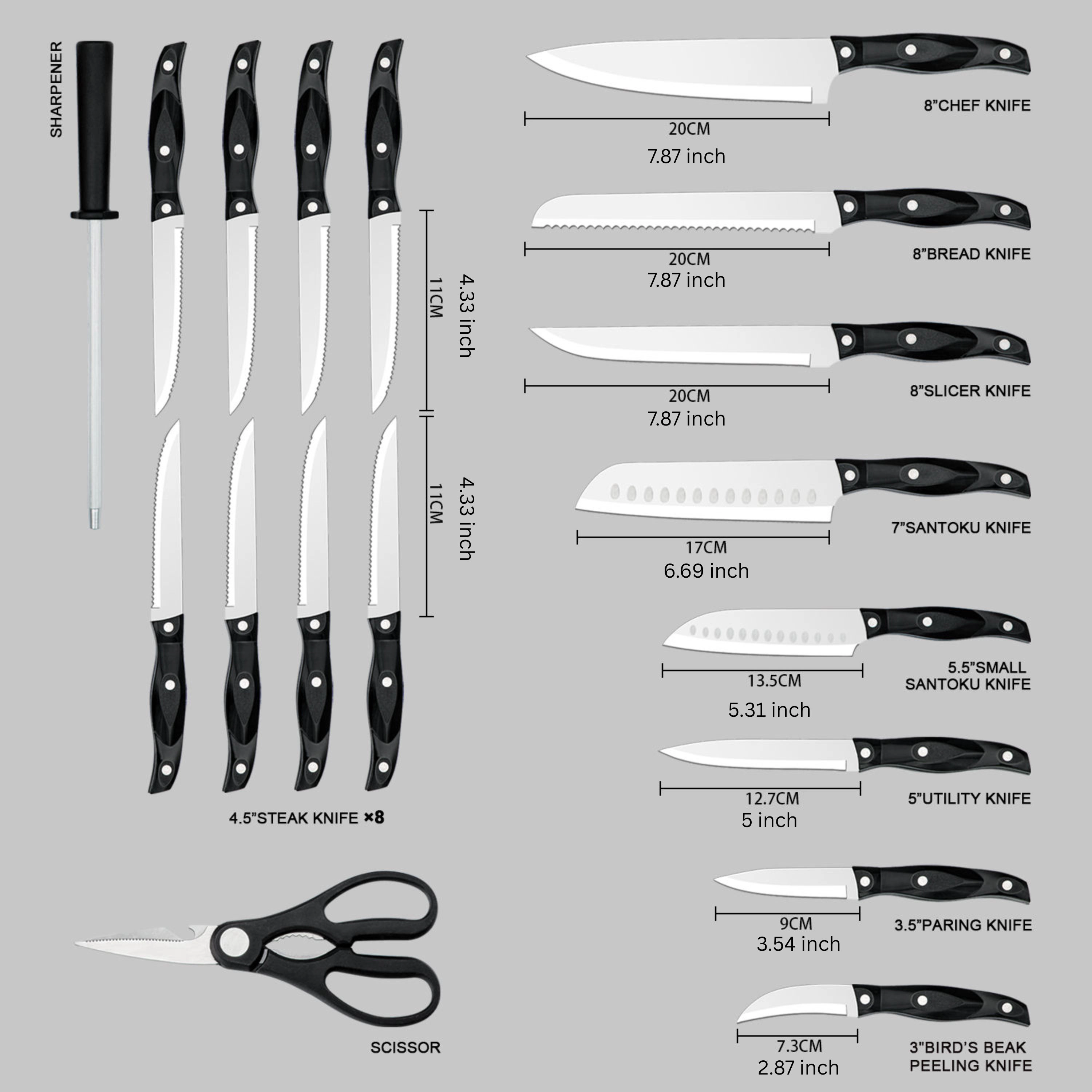 Kitcheniva 19-Piece Stainless Steel Knife Set With Oak Wood Block & ABS Handles