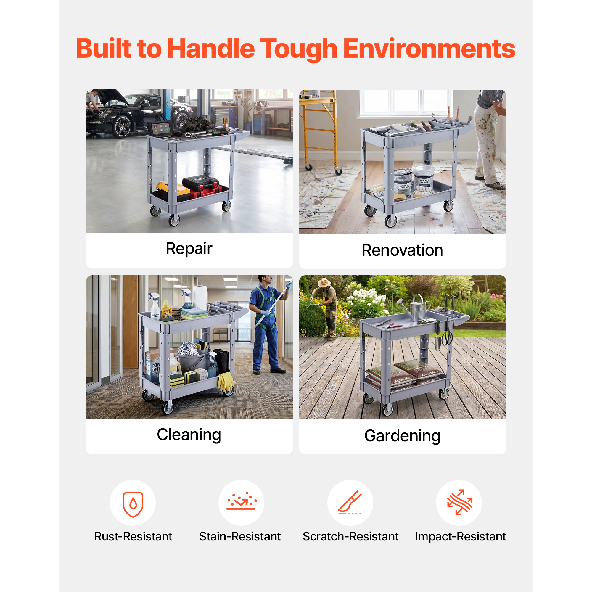 HONGGE Utility Cart 550 lbs Capacity 2 Tier Service Cart with 360° Swivel & Fixed Wheels 2 with Brakes Heavy Duty