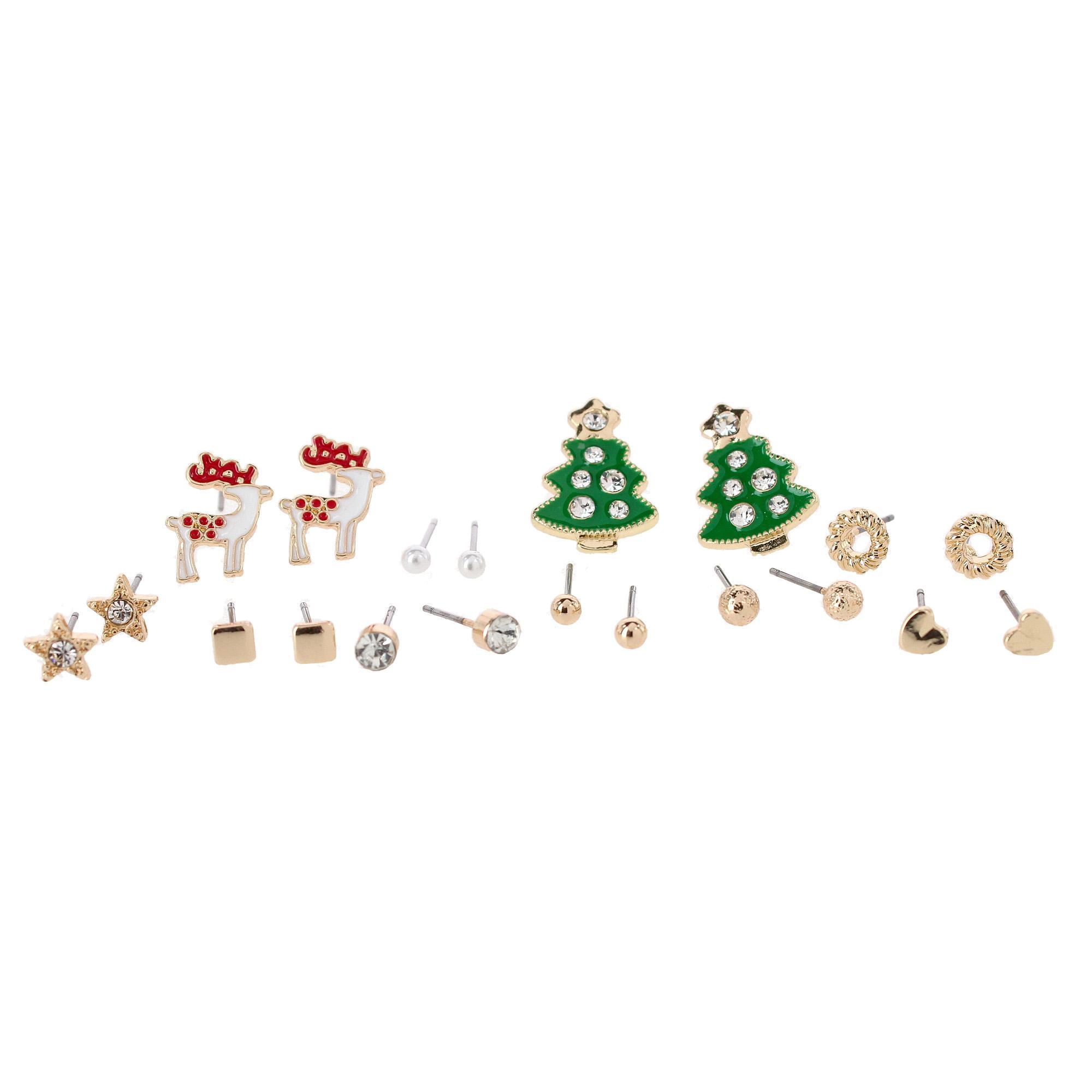 CTM Women's 10-Pair Christmas Stud Earring Set Gold Finish Holiday Collection