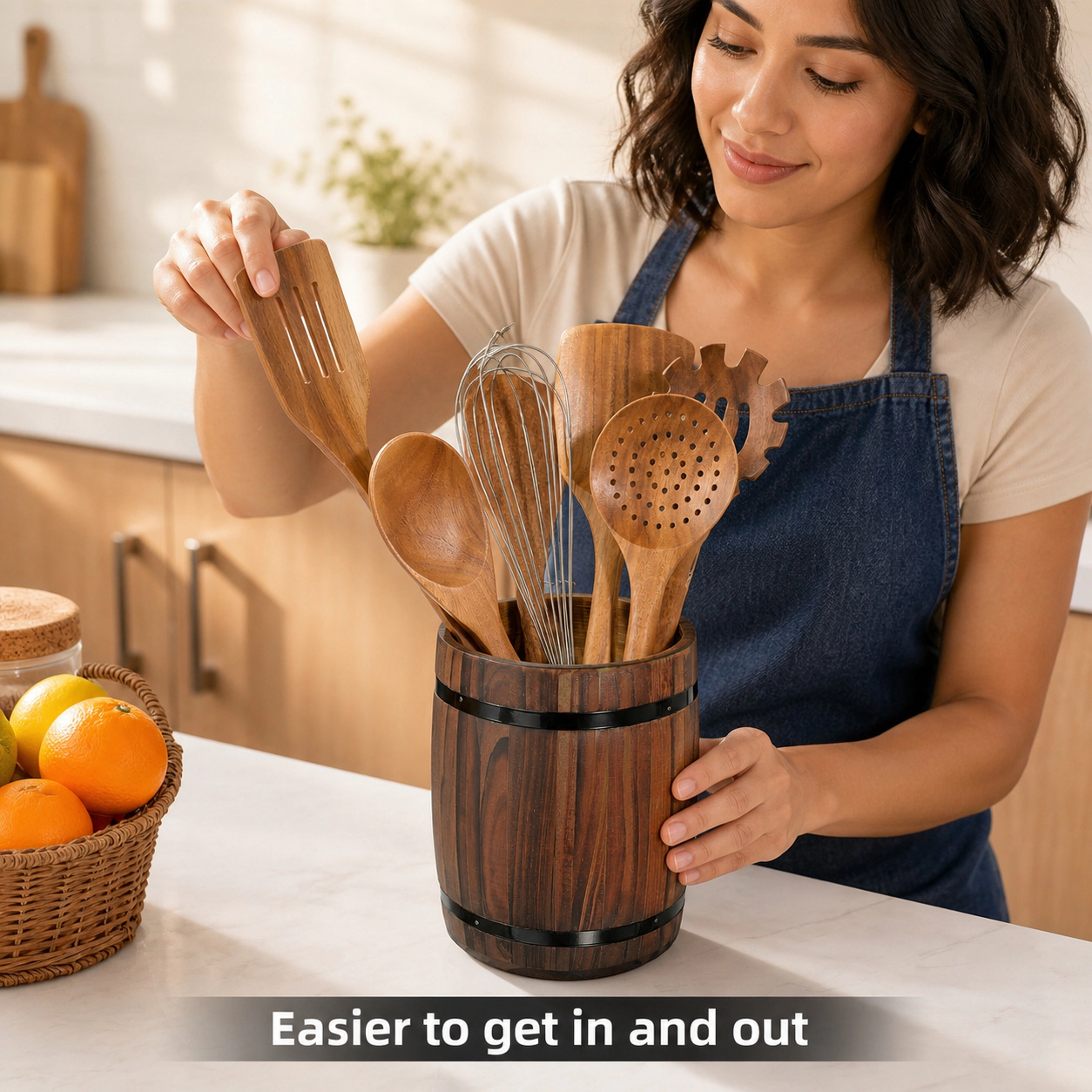 WZK Rustic Farmhouse Wooden Wine Barrel Sturdy Smooth Kitchen Utensil Holder