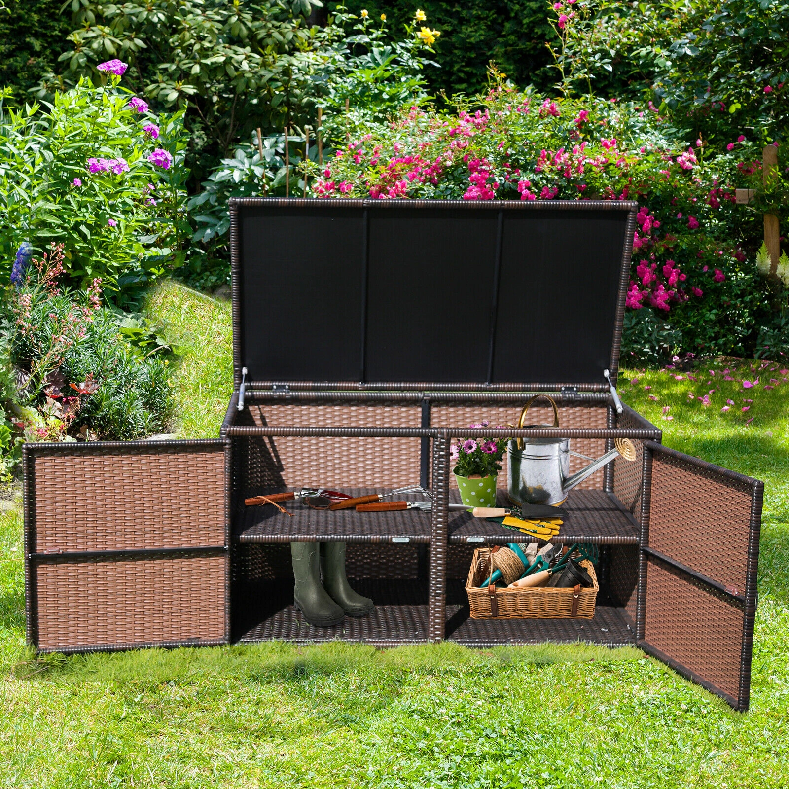 SUGIFT 88-Gallon 2-Shelf PE Rattan Steel Frame Garden Patio Storage Box 45-in x 23.5-in x 25.5-in 110-lb Shelf Brown