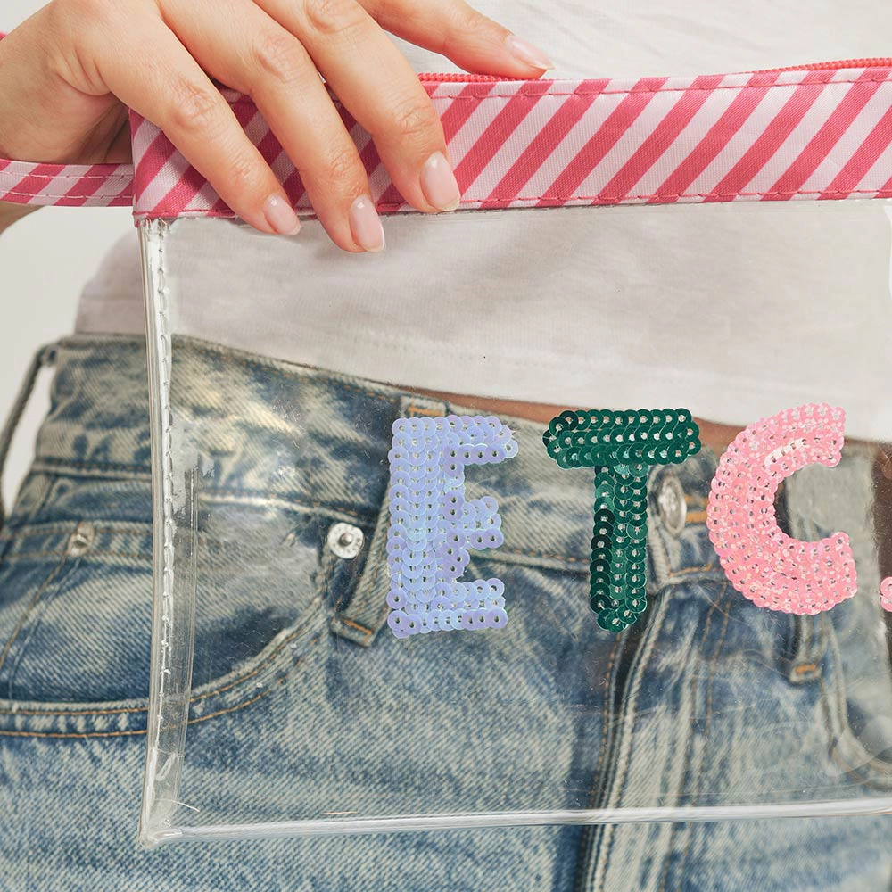 FASHNZFAB ETC Sequin Message Wristlet Transparent Clutch Bag