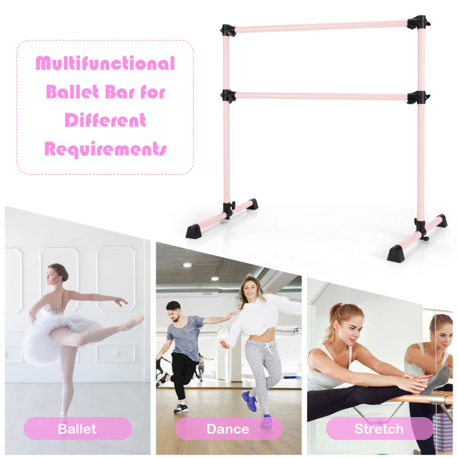 SUGIFT Pink 4-ft 220-lb Capacity 7-in to 46-in Height Adjustable Double Ballet Barre Bar with Anti-Skid Pads