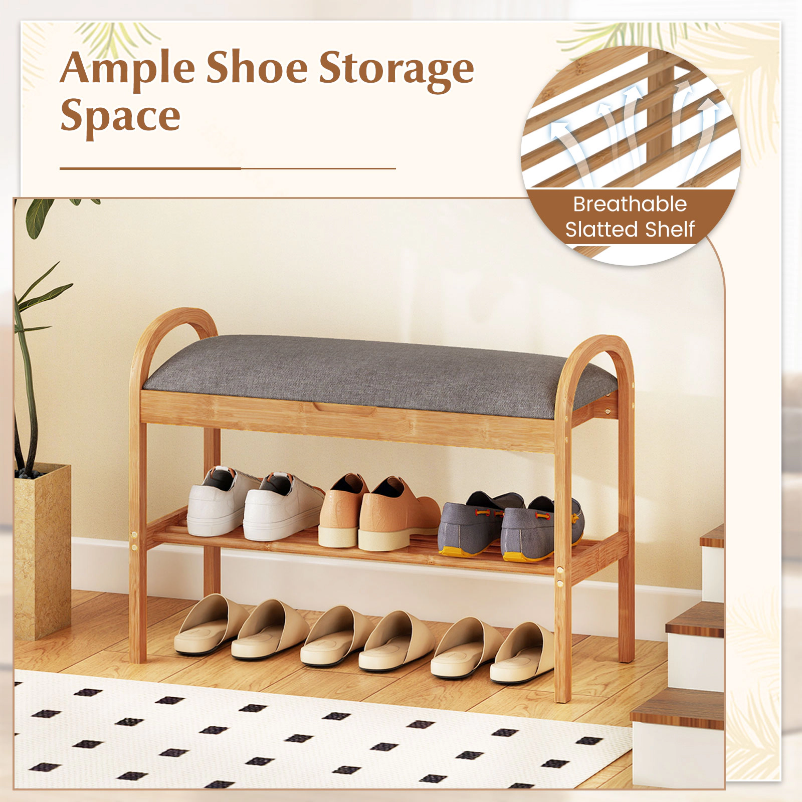 Glintex 2-Tier Bamboo Shoe Bench with Hidden Compartment and Lid Support Hinges, Gray