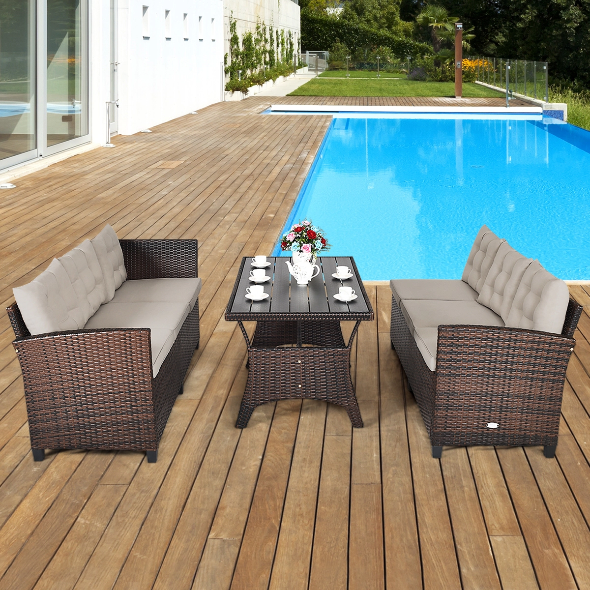 LJG 3 Pieces Hand-Woven Rattan Outdoor Sofa Set with Dining Table