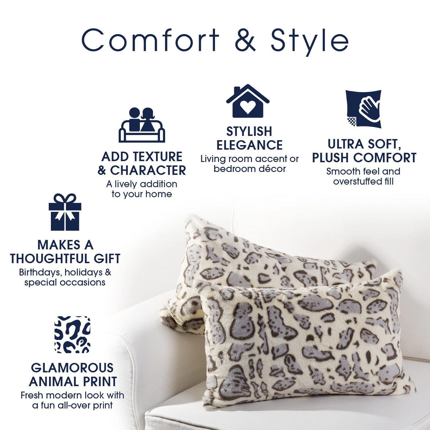 Cheer Collection Snow Leopard Print Faux Fur Throw Pillow 2 Pack