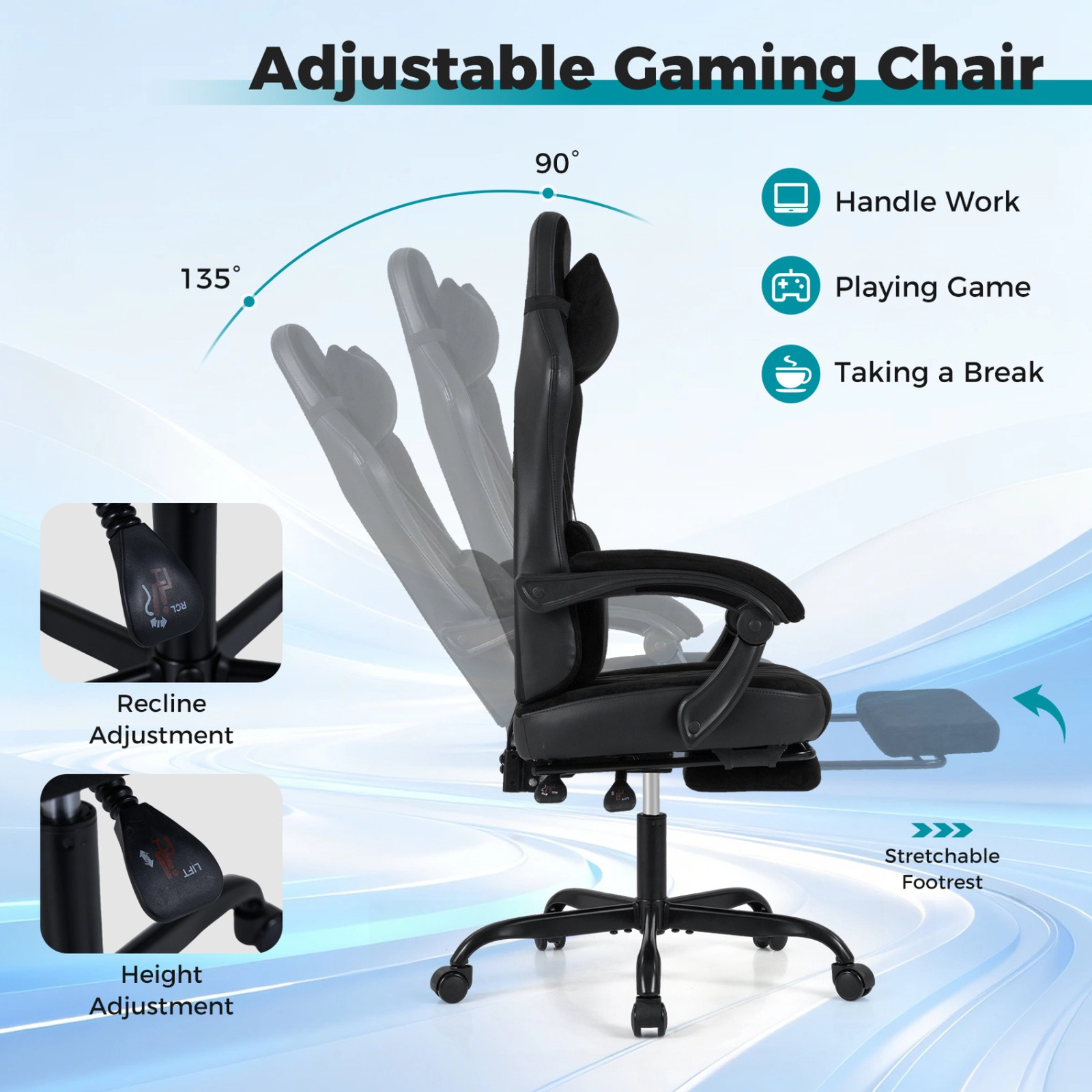 SUGIFT Ergonomic Suede Gaming Computer Chair with Headrest Lumbar Support Linkage Armrests 330-lb Capacity Black