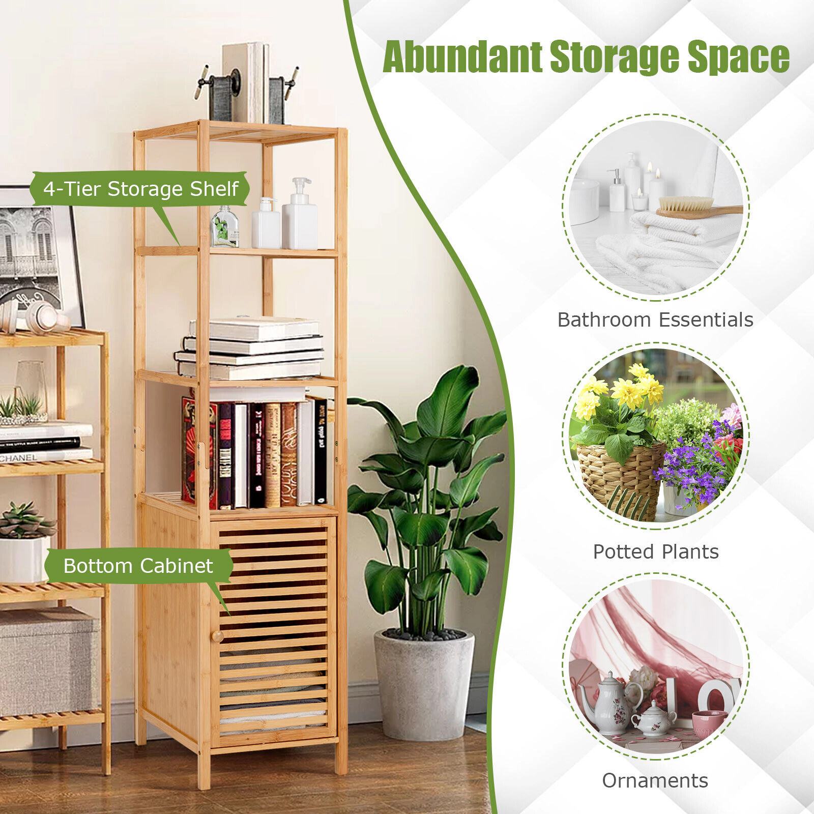 Slickblue Tall Bathroom Floor Cabinet Natural Wicker Open Shelves Shutter Door Storage