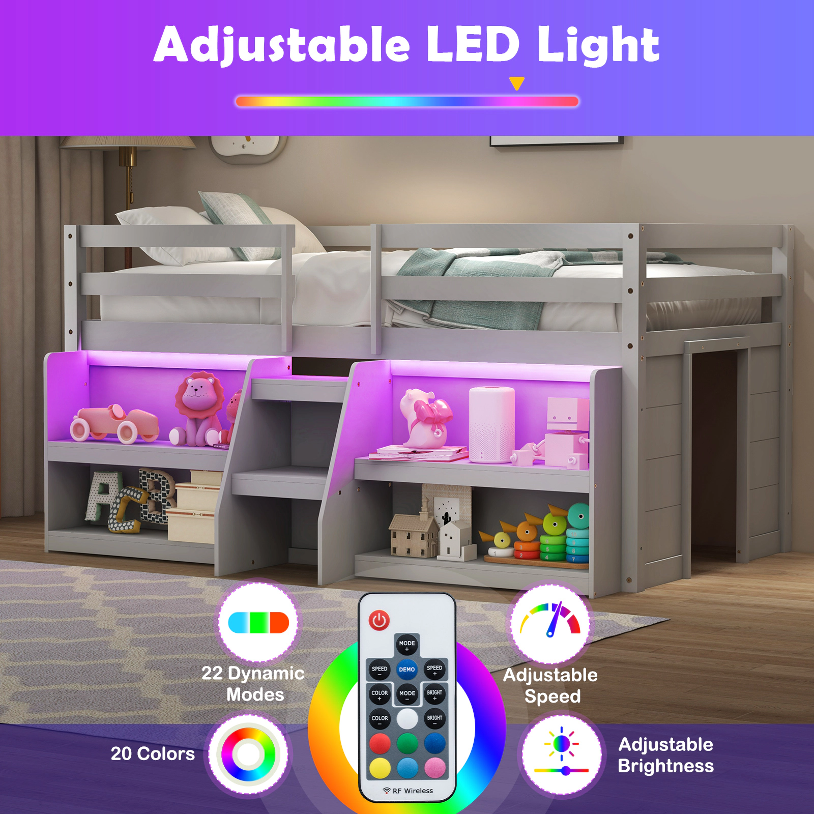 SUGIFT Twin Low Loft Bed with LED Lights, Staircase, Guardrail and Bookshelves, Gray