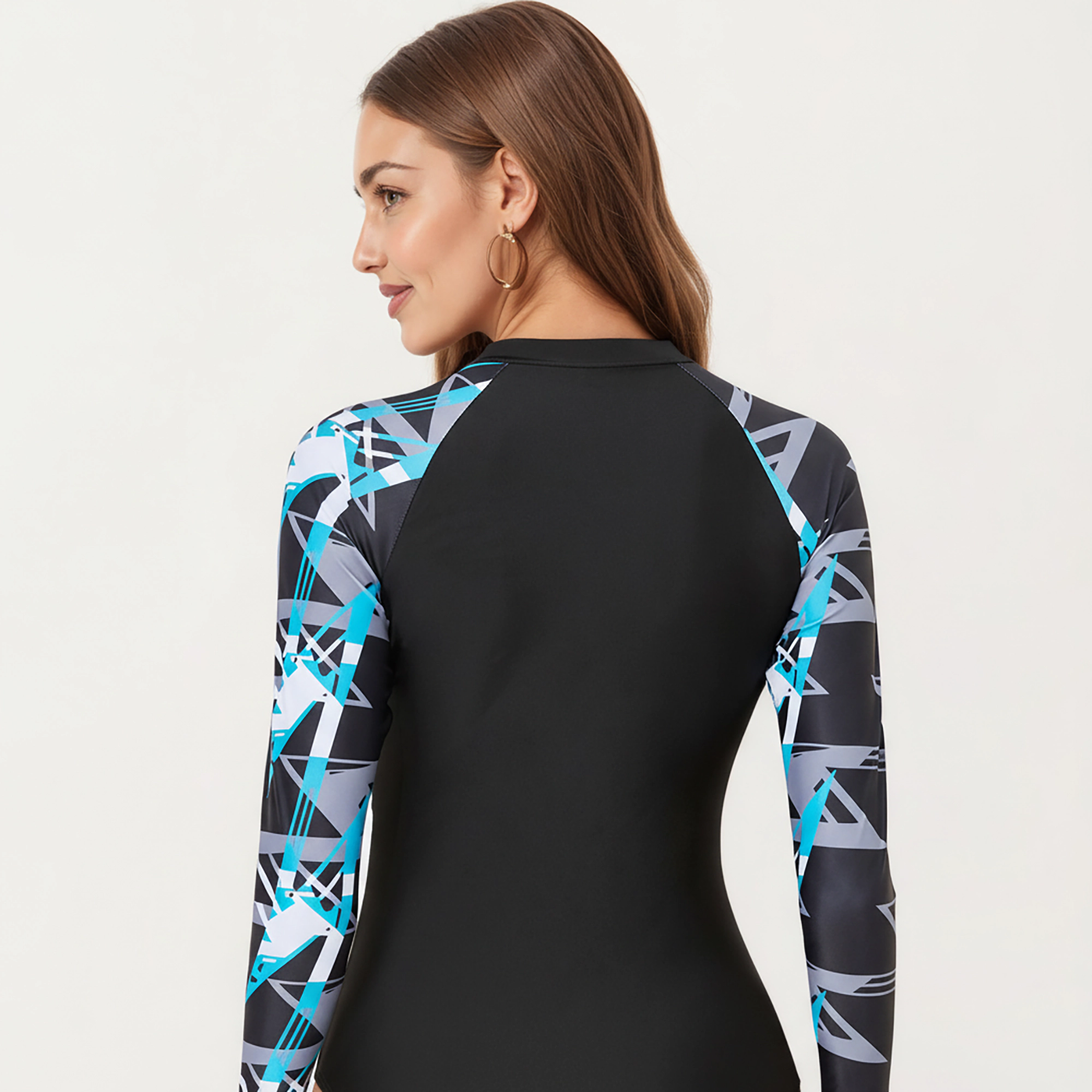 Anna-Kaci Women's Long Sleeve Zip Front One-Piece Swimsuit with Printed Raglan Sleeves