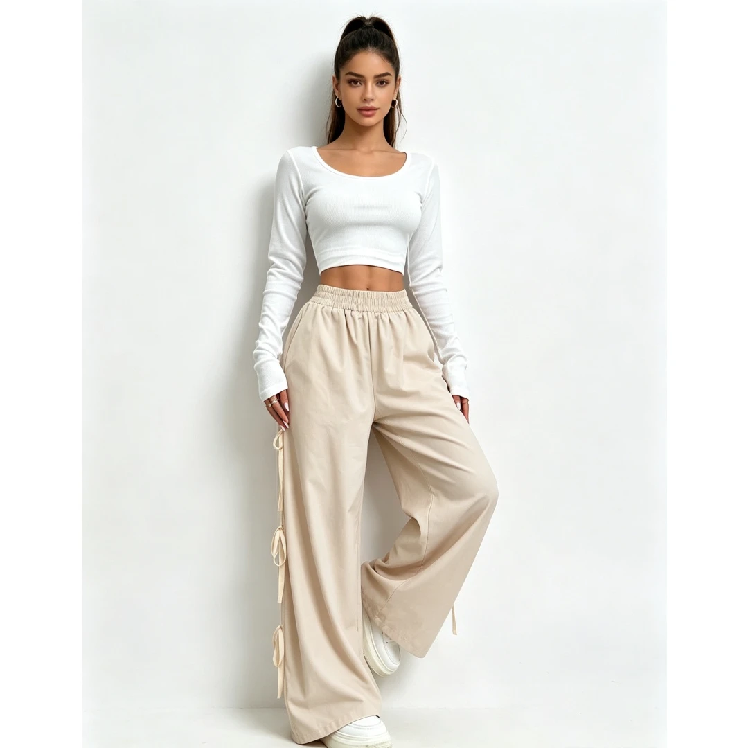 Coolmee Women’s Casual Girly Side Bow Wide Leg Pants Lightweight Elastic Waist Trousers with Pockets
