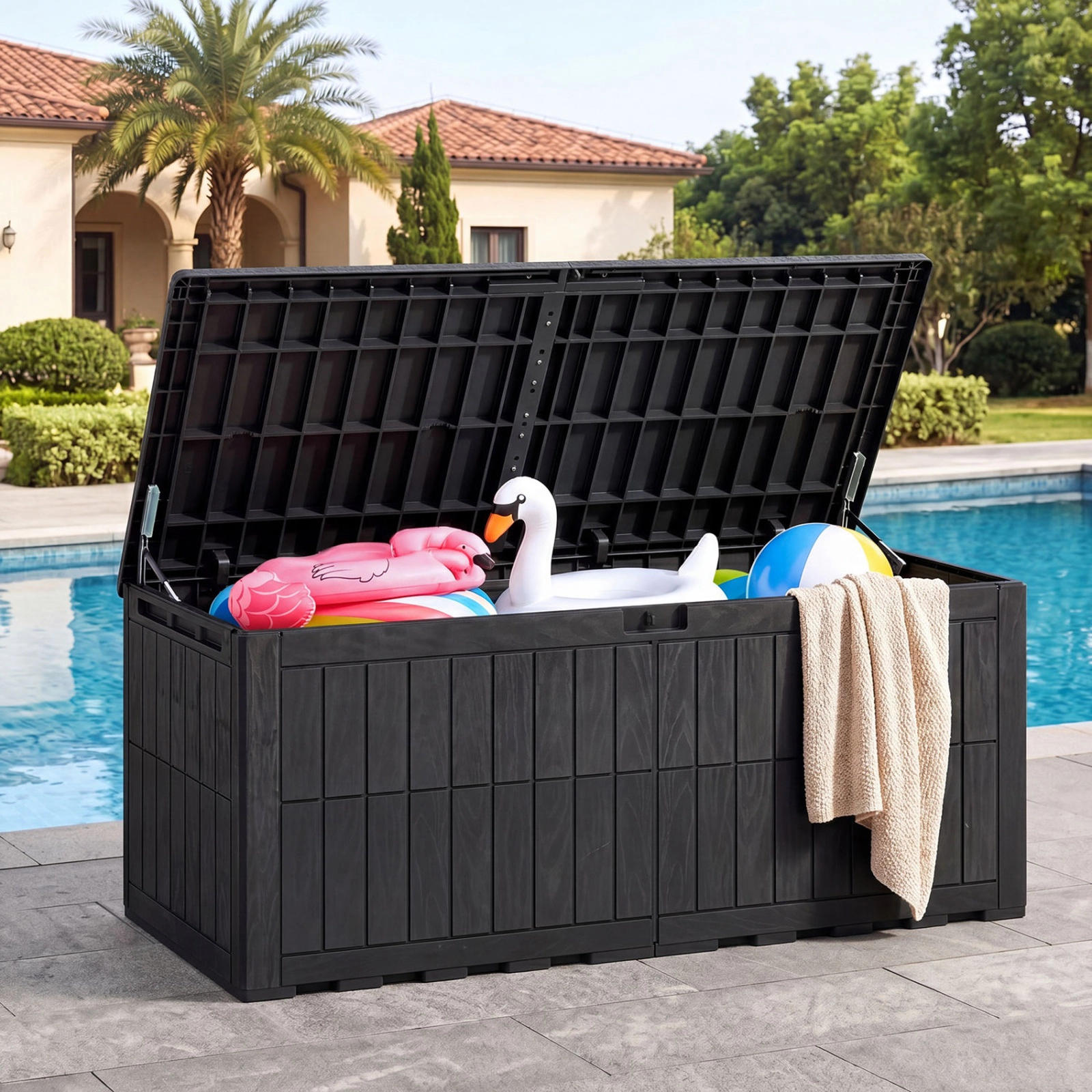 SUGIFT 180 Gal Outdoor Deck Box All-Weather Lockable Storage Bin with Lid and Handles 620-lb Seating Capacity Black