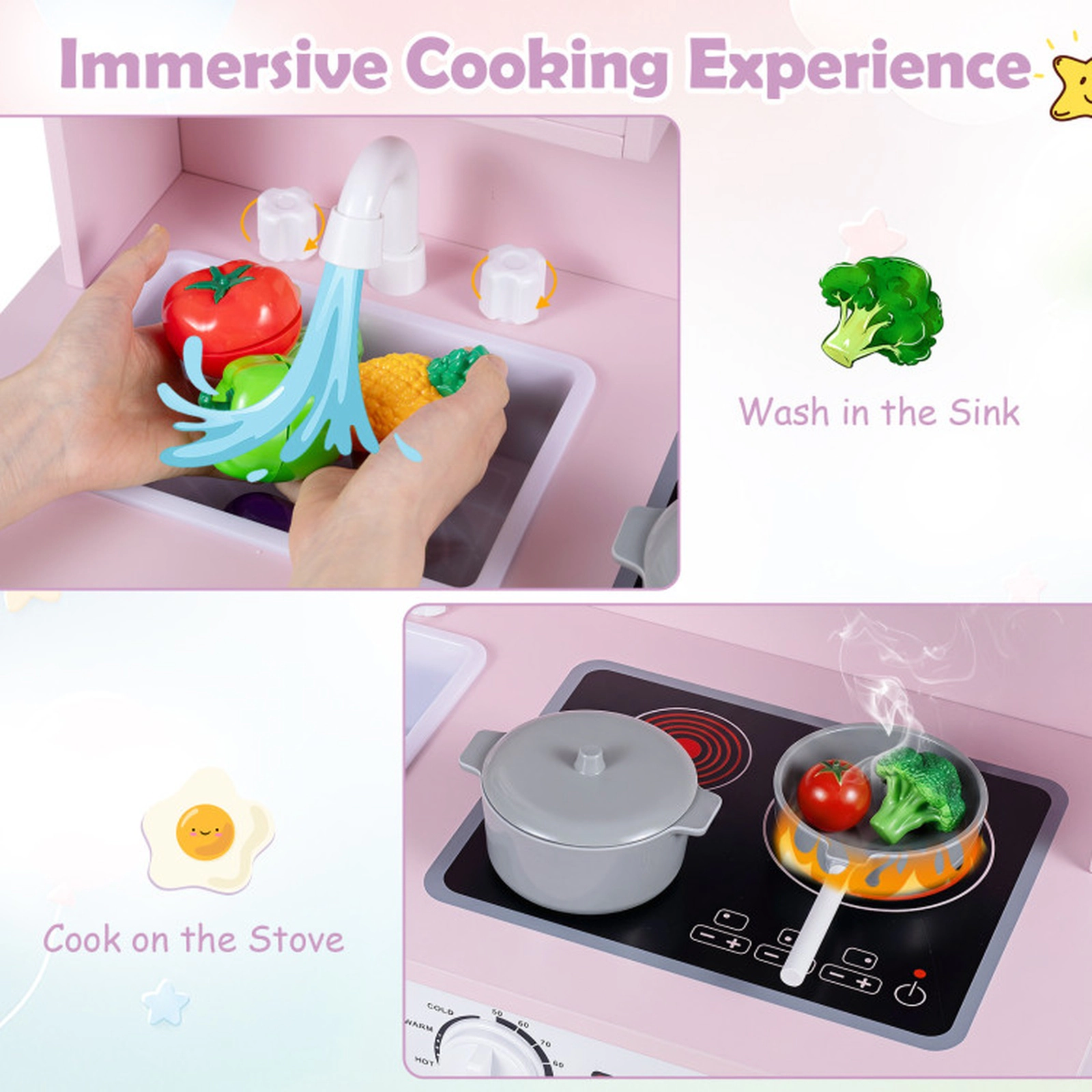 SUGIFT Multi-Functional Wooden Play Kitchen Set with Range Hood and Microwave Ages 3+ Pink with Utensils