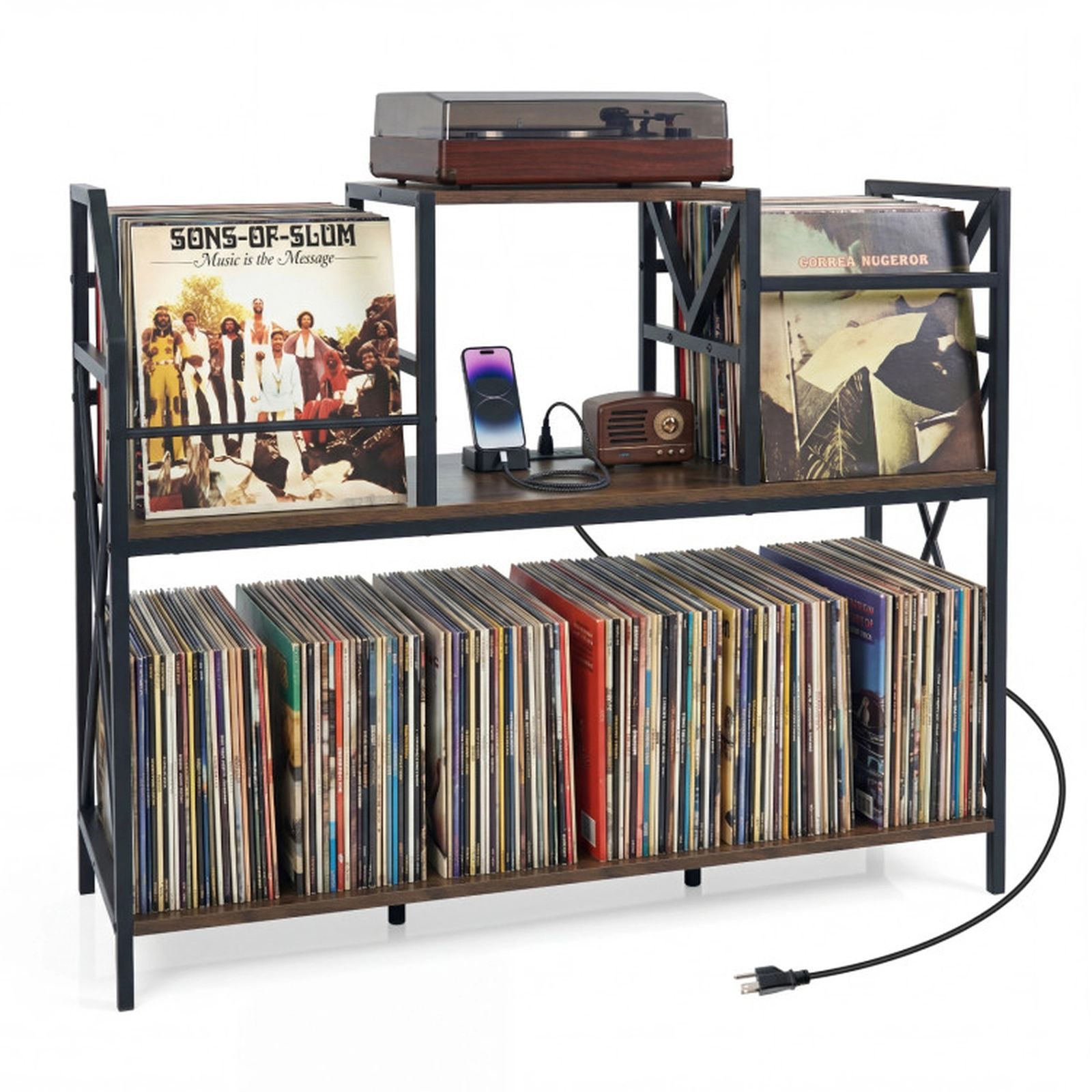 SUGIFT Record Player Stand with Power Outlets and Vinyl Storage 350-lb Capacity Rustic Brown & Black