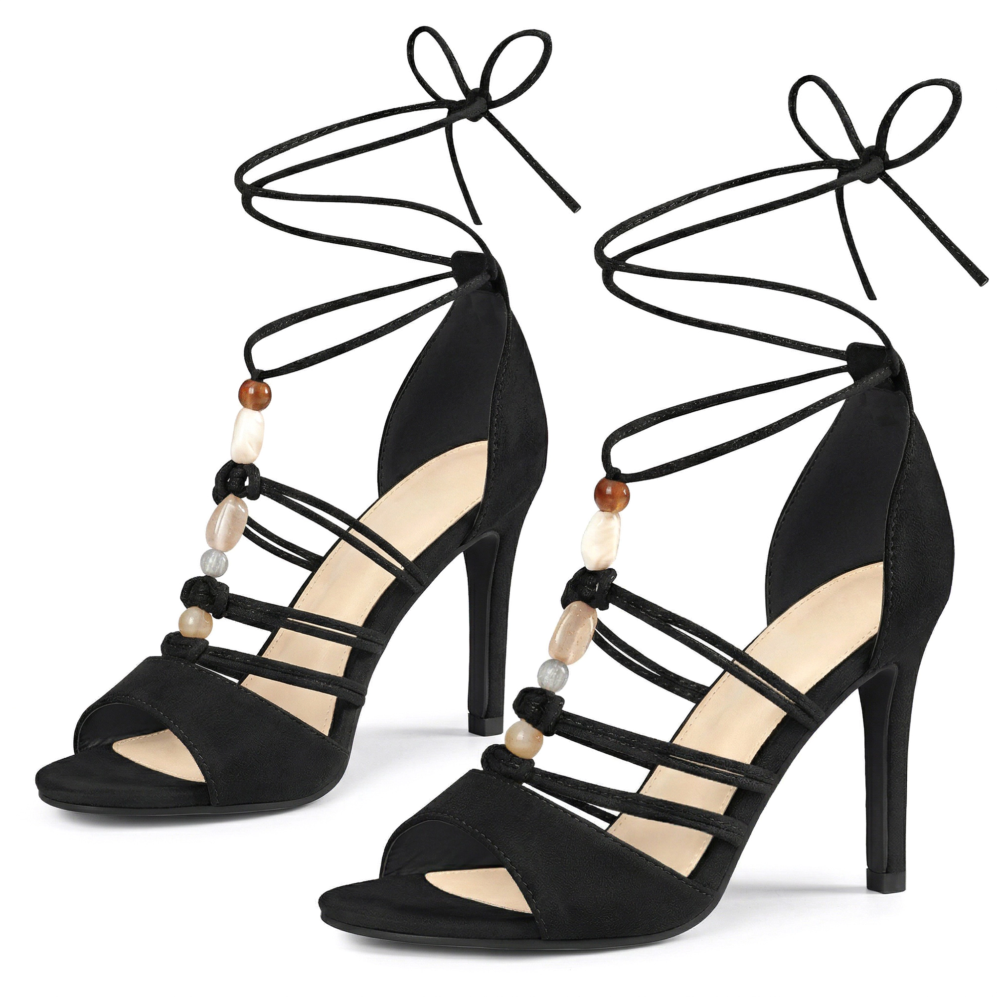 BLISSFUL STEP Women's Bohemia Bead Lace Up Strappy Stiletto Heel Party Sandals