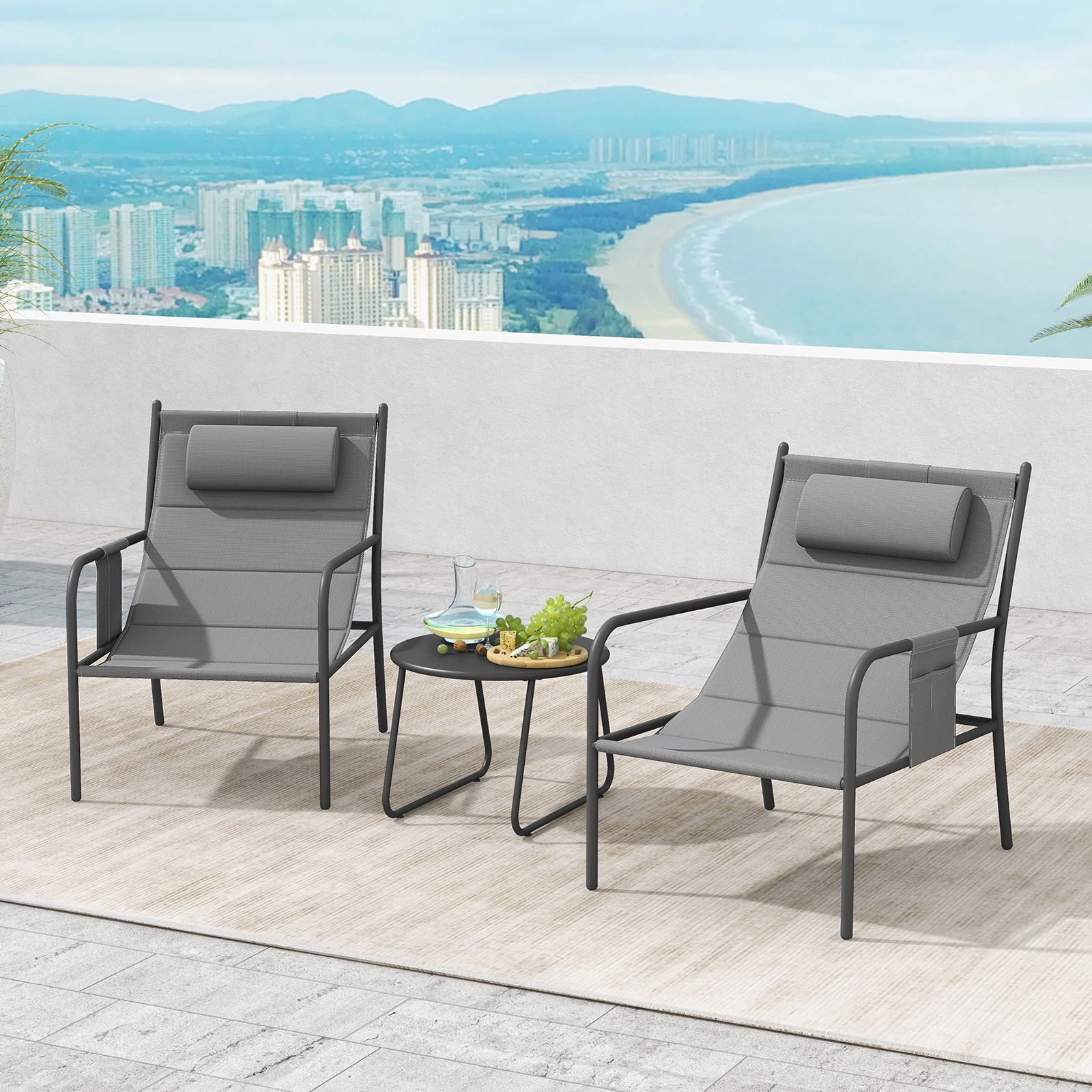 LJG 3 Piece Outdoor Bistro Set Patio Metal Chair and Coffee Table Set