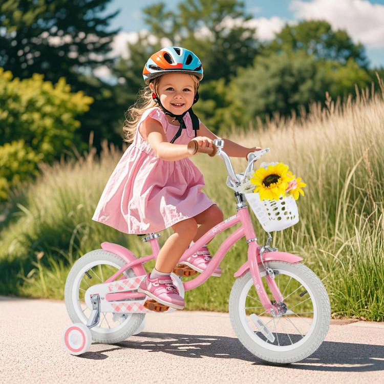 SUGIFT Peach Training Wheels Removable Storage Basket and Padded Seat Kids Bike