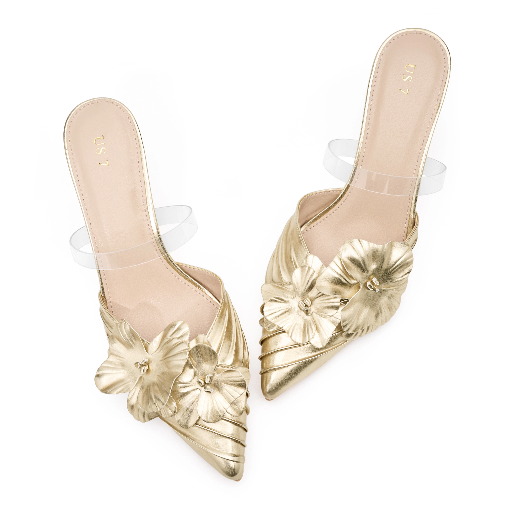 BLISSFUL STEP Women's Faux Leather Flower Pointed Toe Slip-on Heel Mules Dress Pumps