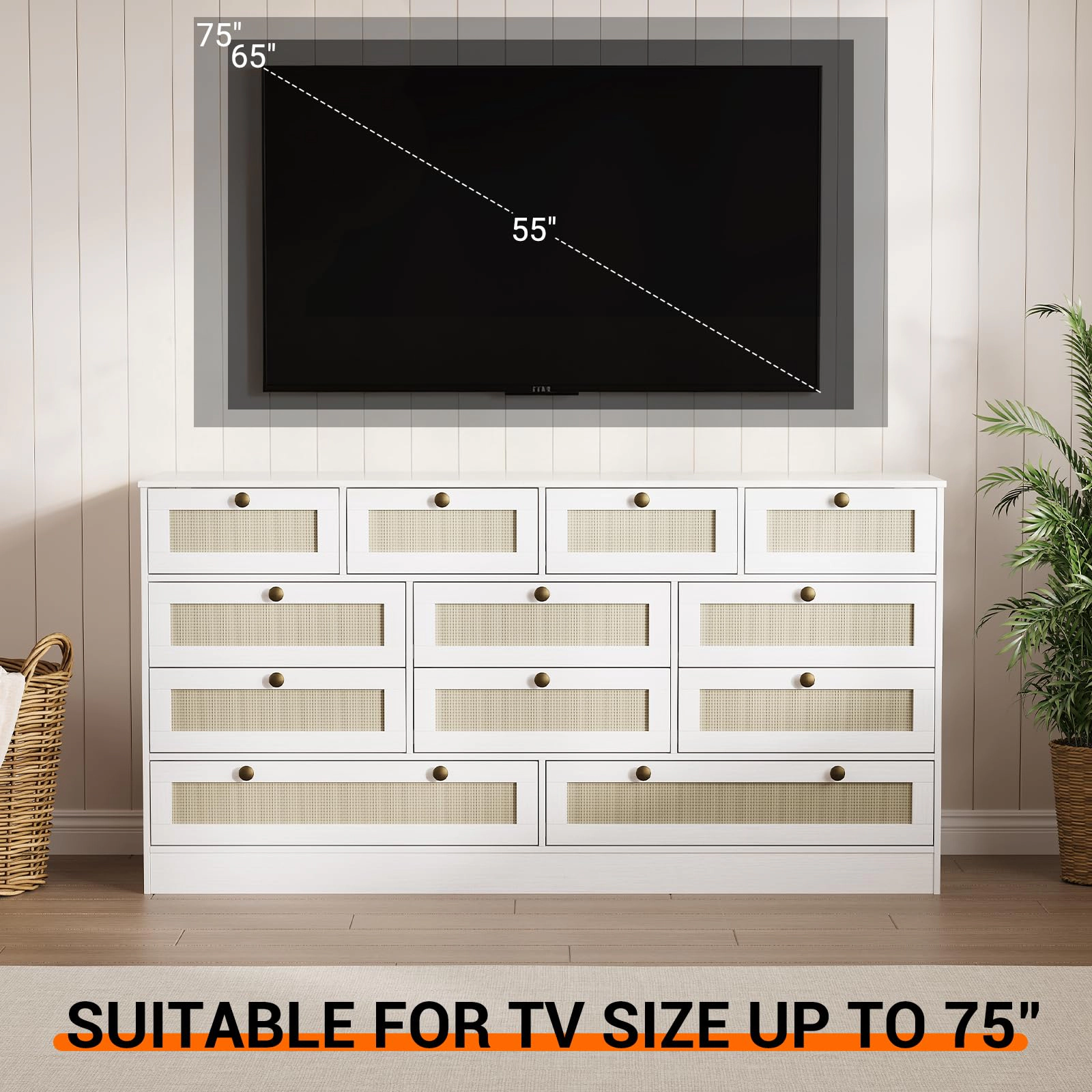 12 Drawer Wooden Dresser, 61" Wide Chest of Drawers, Modern TV Stand for 65" TV & Storage Organizer