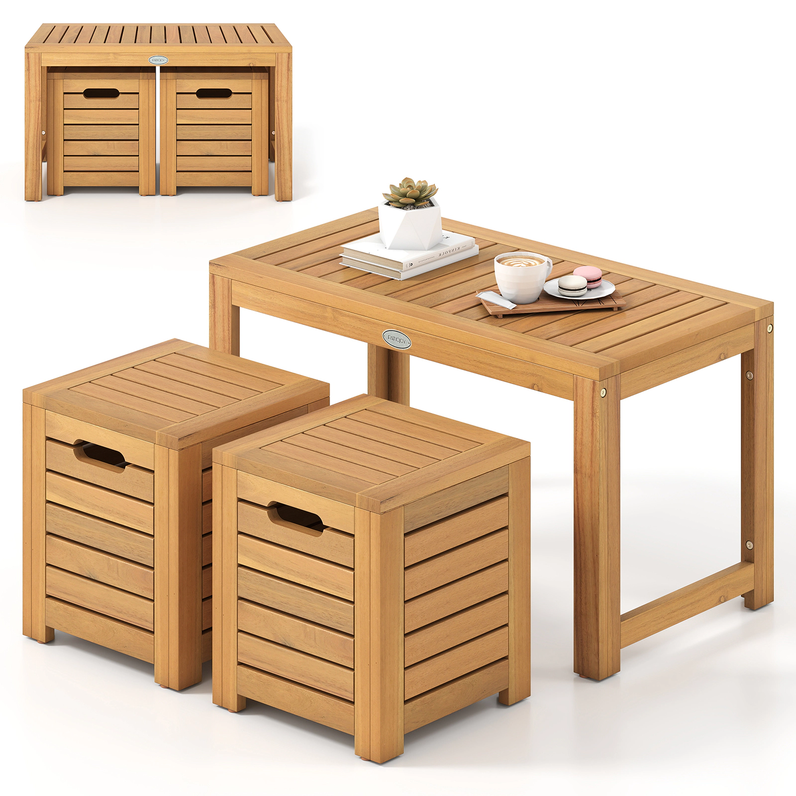 LJG Acacia Wood Outdoor Coffee Table with Stools Set of 2 3 Pieces Patio Table and Stools Set
