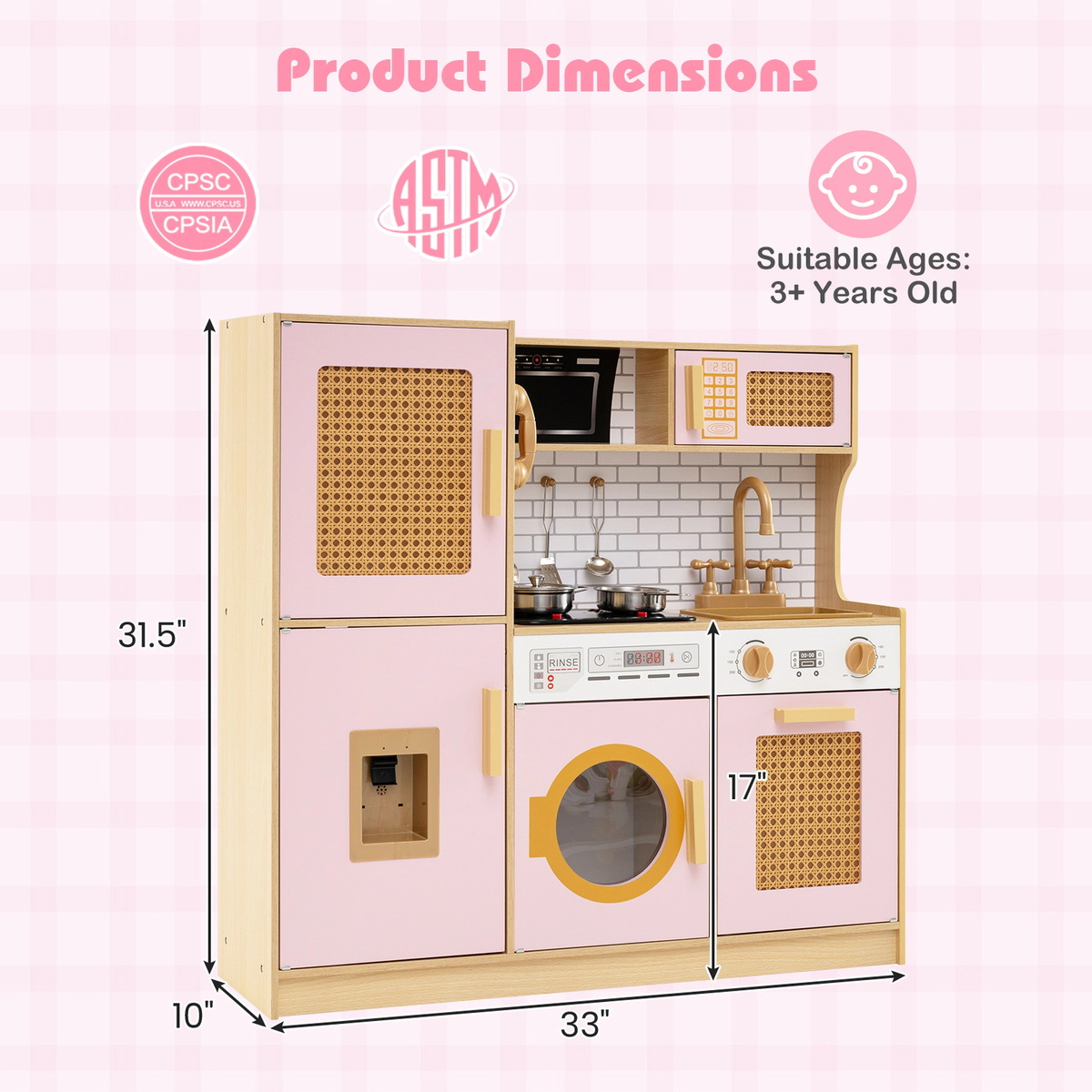 SUGIFT Pink Rattan Doors Lights Sounds and Washing Machine Kids Wooden Kitchen Playset