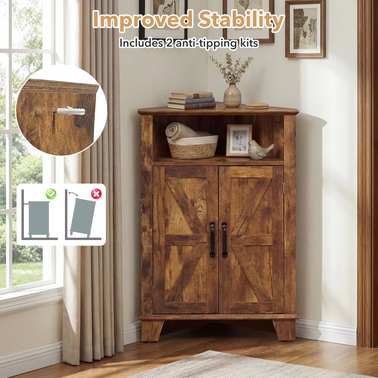 SUGIFT Rustic Brown 4-Tier Corner Accent Storage Cabinet with 2 Barn Doors and Open Shelf 22-in W 14-in D 33-in H