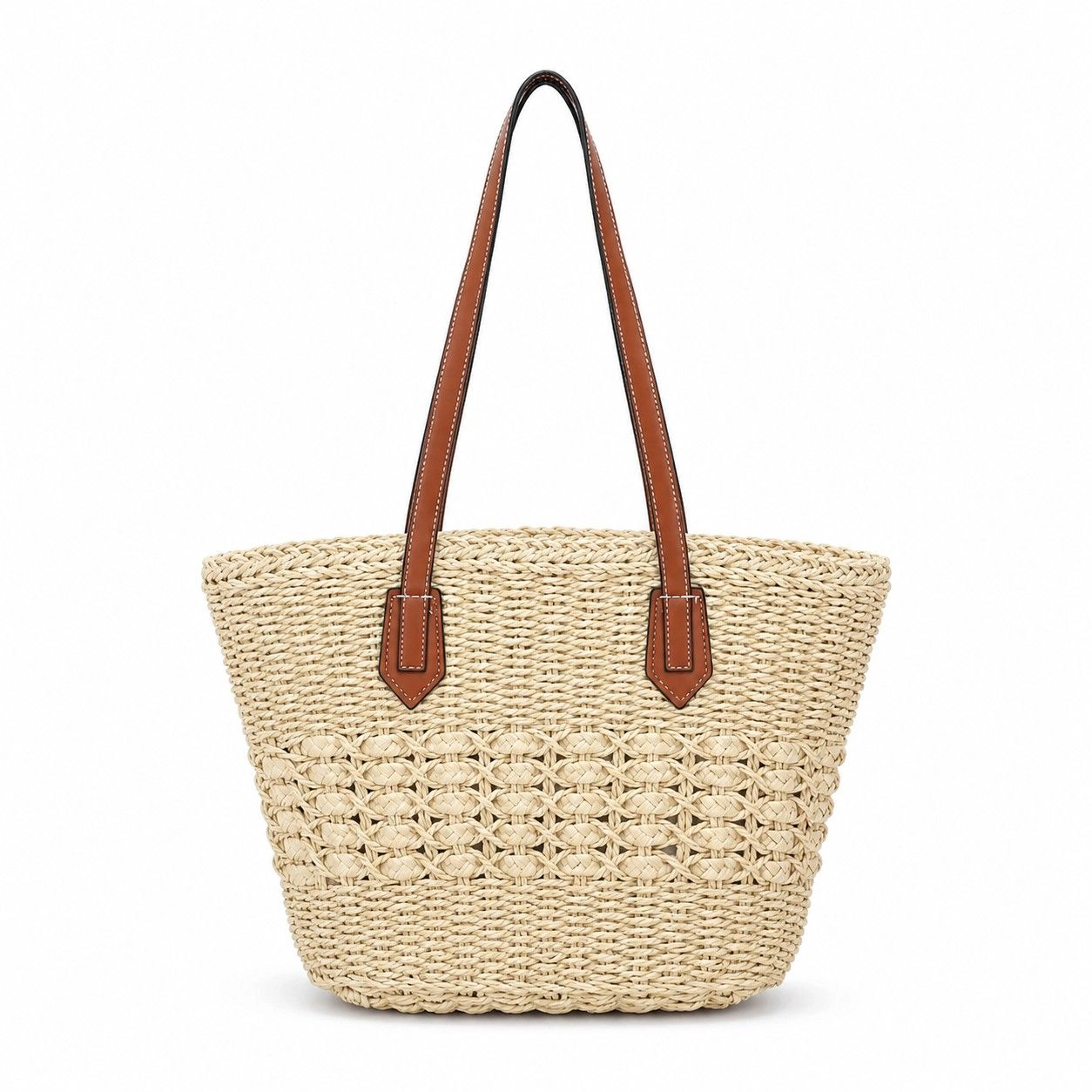 Alilang Women's Woven Straw Tote Bag with Zip Closure Small Interior Pocket and Leather Handles, Khaki