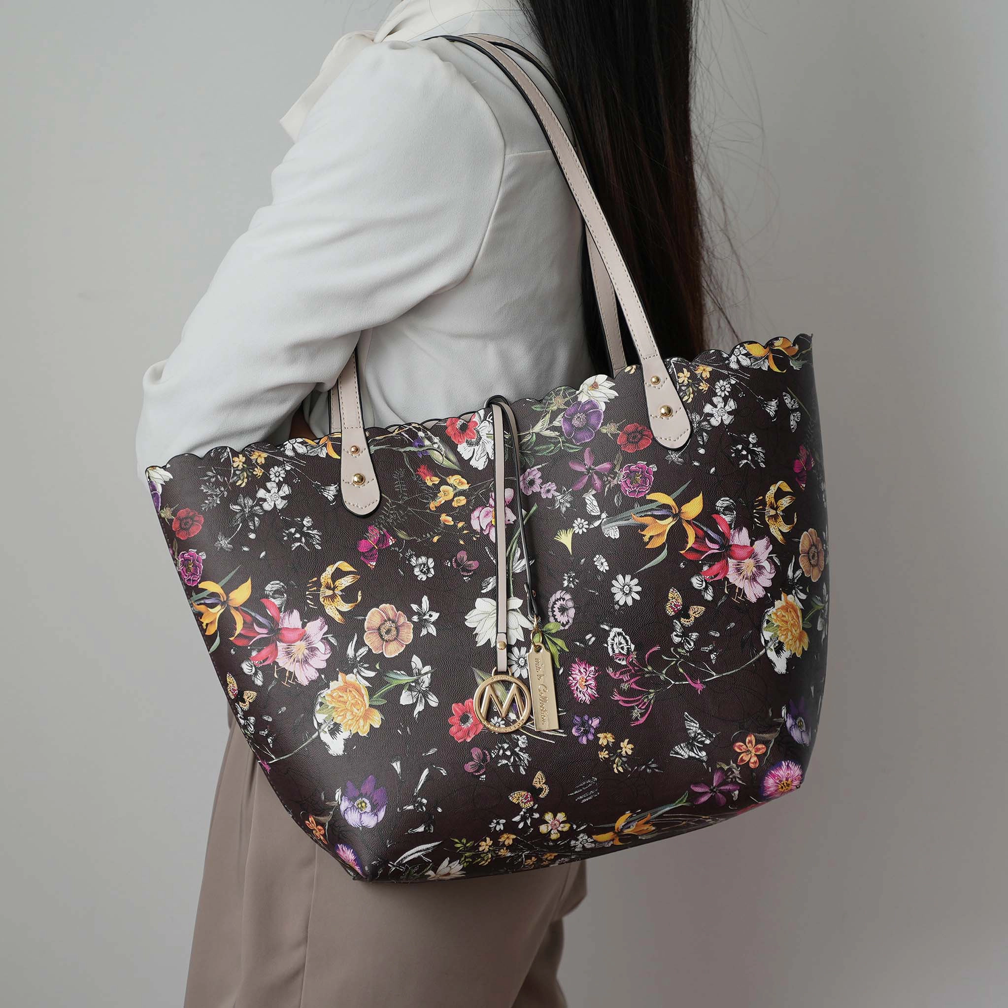 Mia K Collection Danielle Reversible Shopper Tote Bag - Vegan Leather, Flower Print, Removable Crossbody Pouch