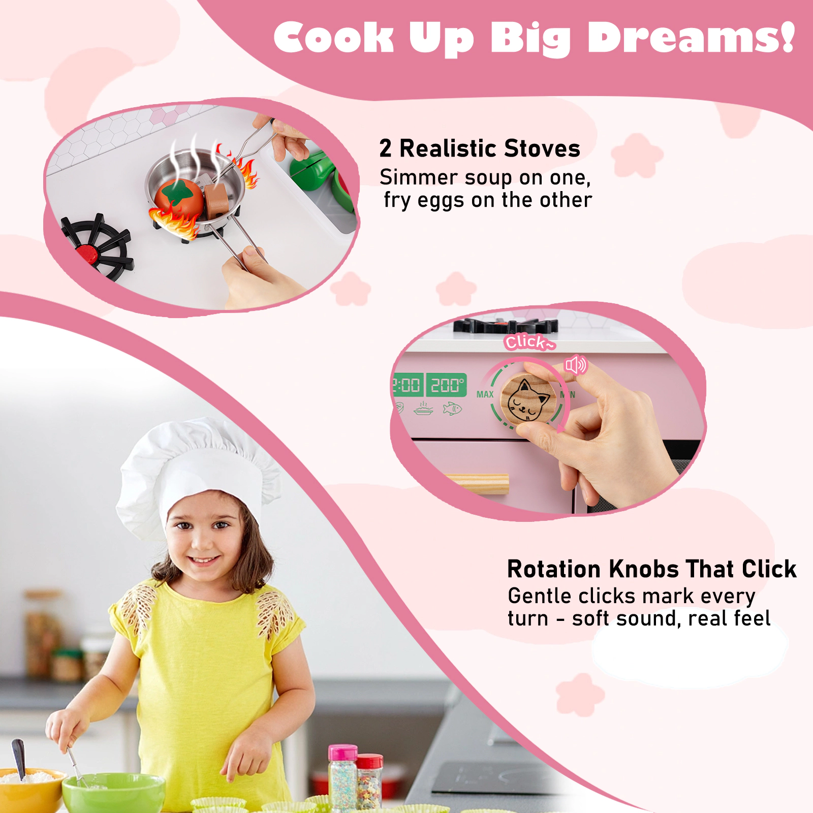 SUGIFT Kids Play Kitchen Toy Playset with 2 Stoves and Rotation Handles 35-in Tall Ages 3-6 Pink/White Wooden Set