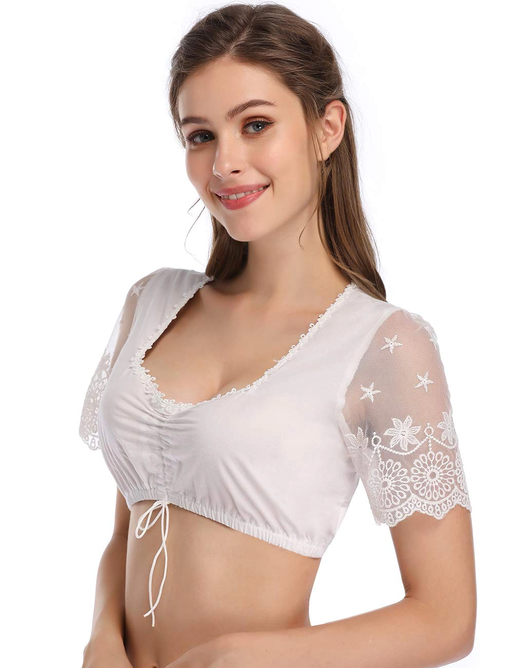 KOJOOIN Women Oktoberfest Dirndl Blouse Cropped Bavarian Lace Top Crop Shirt for Beer Festival Costume