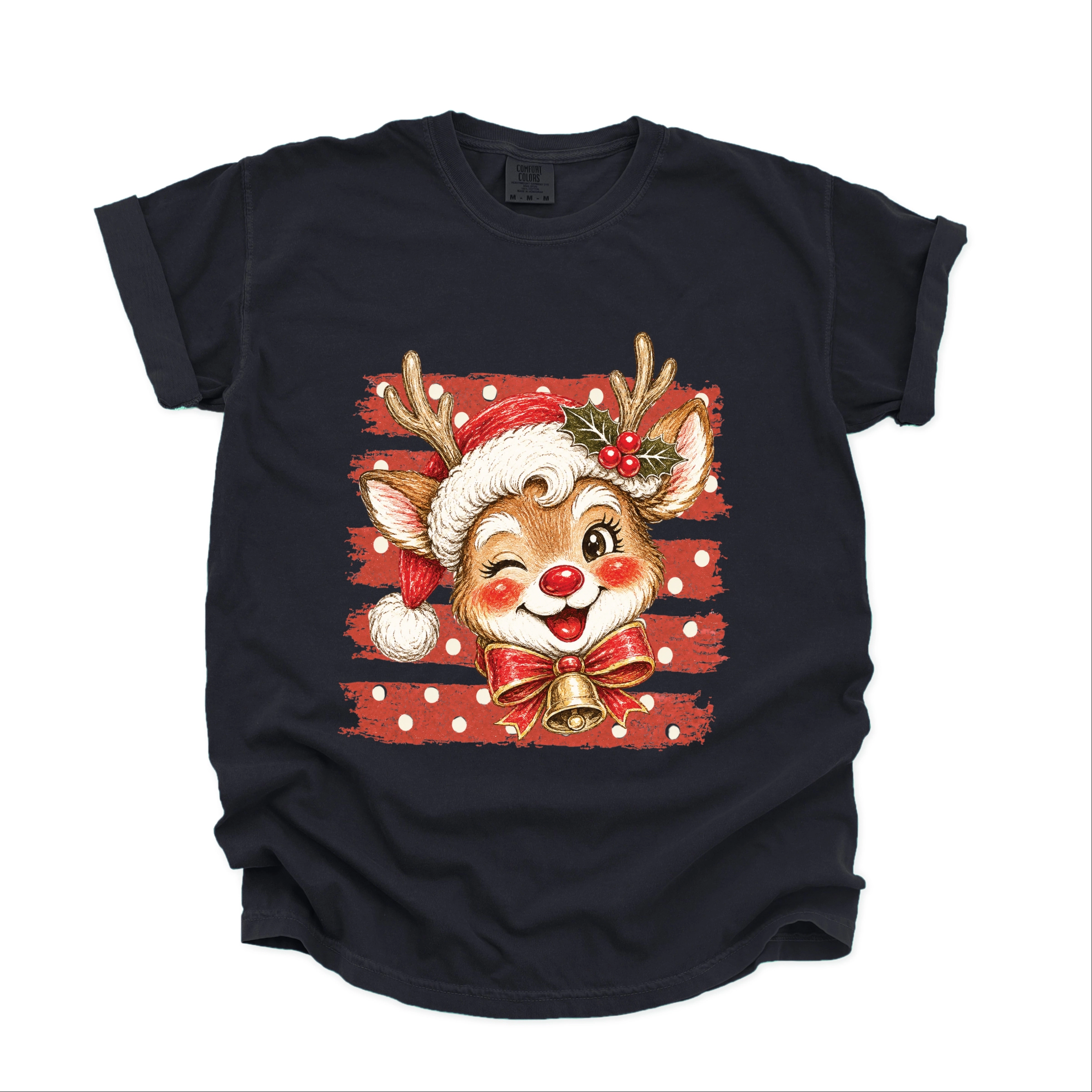 Simply Sage Market - Women's Garment Dyed Graphic T-Shirt Reindeer Stripes and Polka Dots
