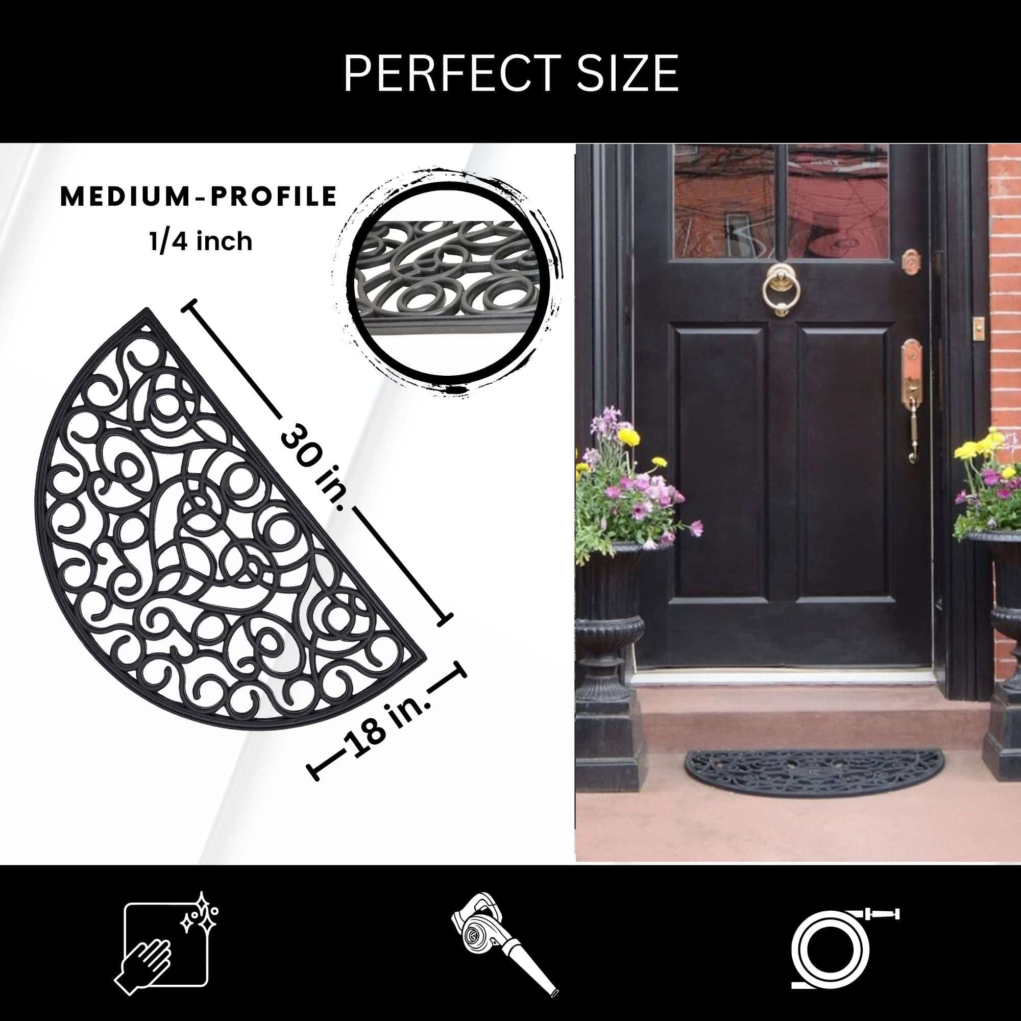 Evideco French Home Goods Black Half Round Scroll Rubber Doormat 30 x 18 Inches