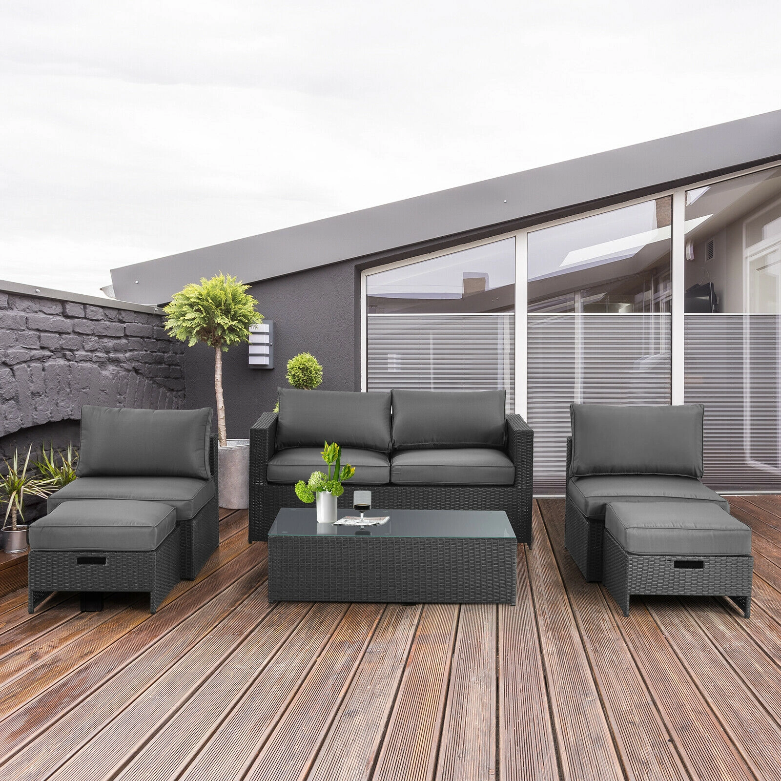 LJG 6 Pieces Patio Rattan Furniture Set with Glass Table and Cushioned Seat