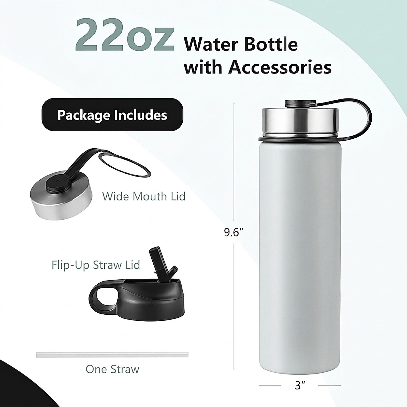 SUGIFT 22-oz Gray Insulated Stainless Steel Water Bottle with 2 Lids and Flip-Up Straw 3-in Dia 9.6-in H