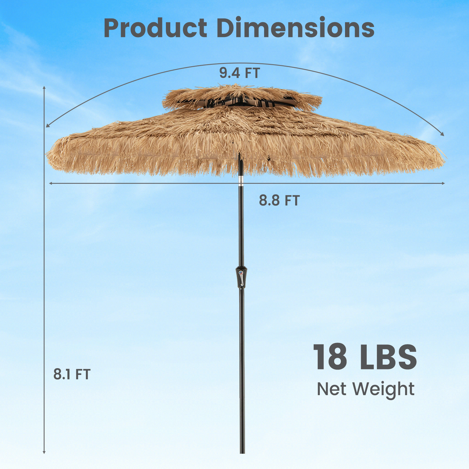 SUGIFT 9-Foot Thatched Tiki Patio Umbrella with 8 Ribs Push-Button Tilt Natural