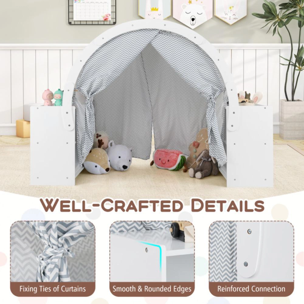 Hivvago Wooden Kids Play Tent with Curtain Shades and 8 Cubbies-White