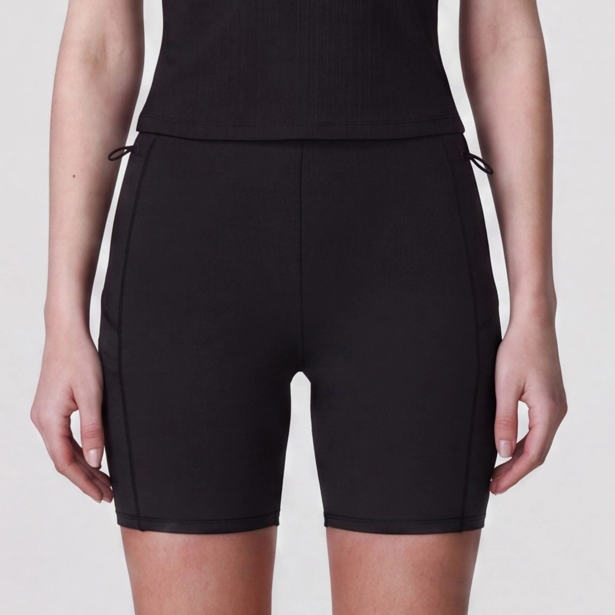 Anna-Kaci Women's High Waist Ribbed Biker Shorts with Side Pocket and Adjustable Drawcord Detail