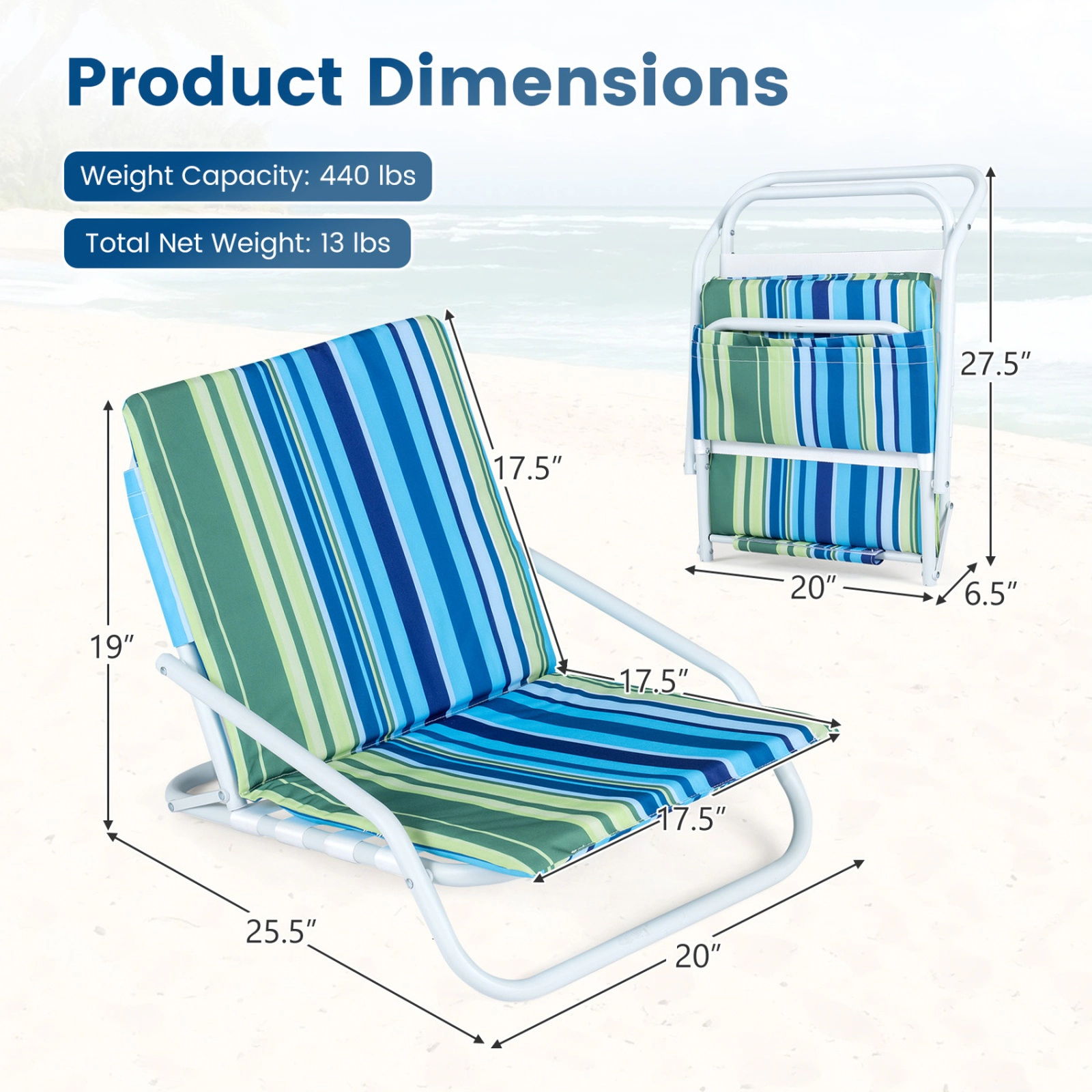 SUGIFT Navy Sponge Padded Seat 440-lb Set of 2 Folding Beach Chairs
