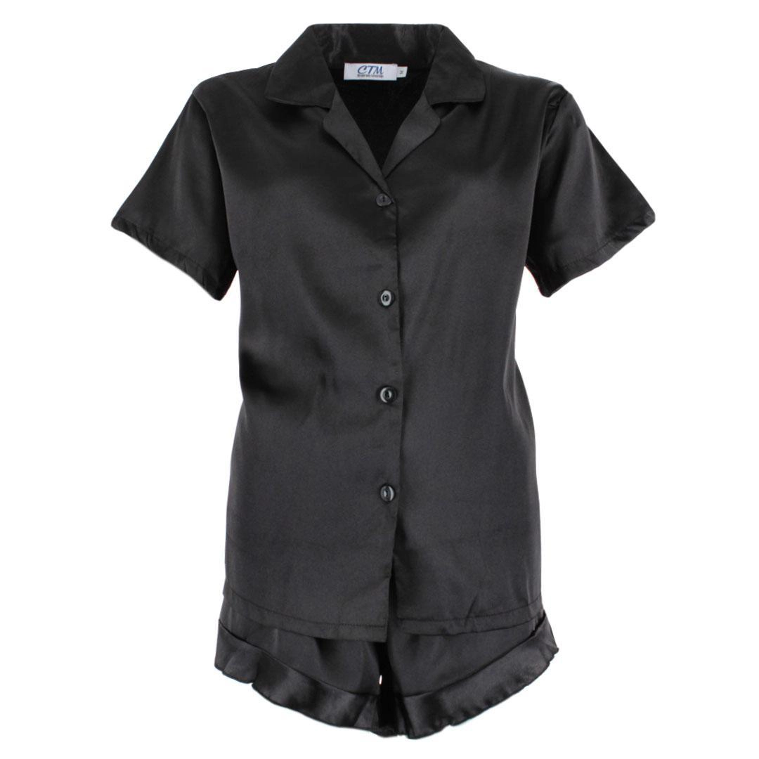 CTM Women's Notched Collar Satin Short Sleeve Pajama Set