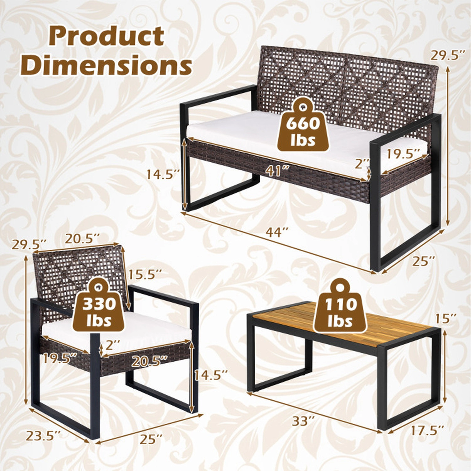 SUGIFT Brown and Black Acacia Wood Coffee Table and Cushions 4-Piece Patio Wicker Sofa Set