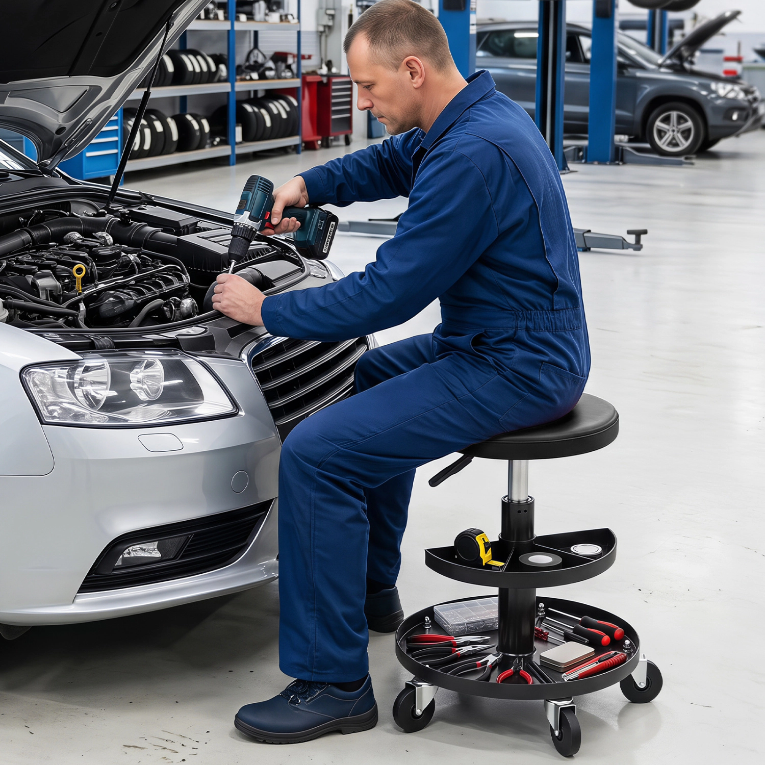 LJG 16.5"-22" Adjustable Height Seat Rolling Mechanic Stool with Wheels