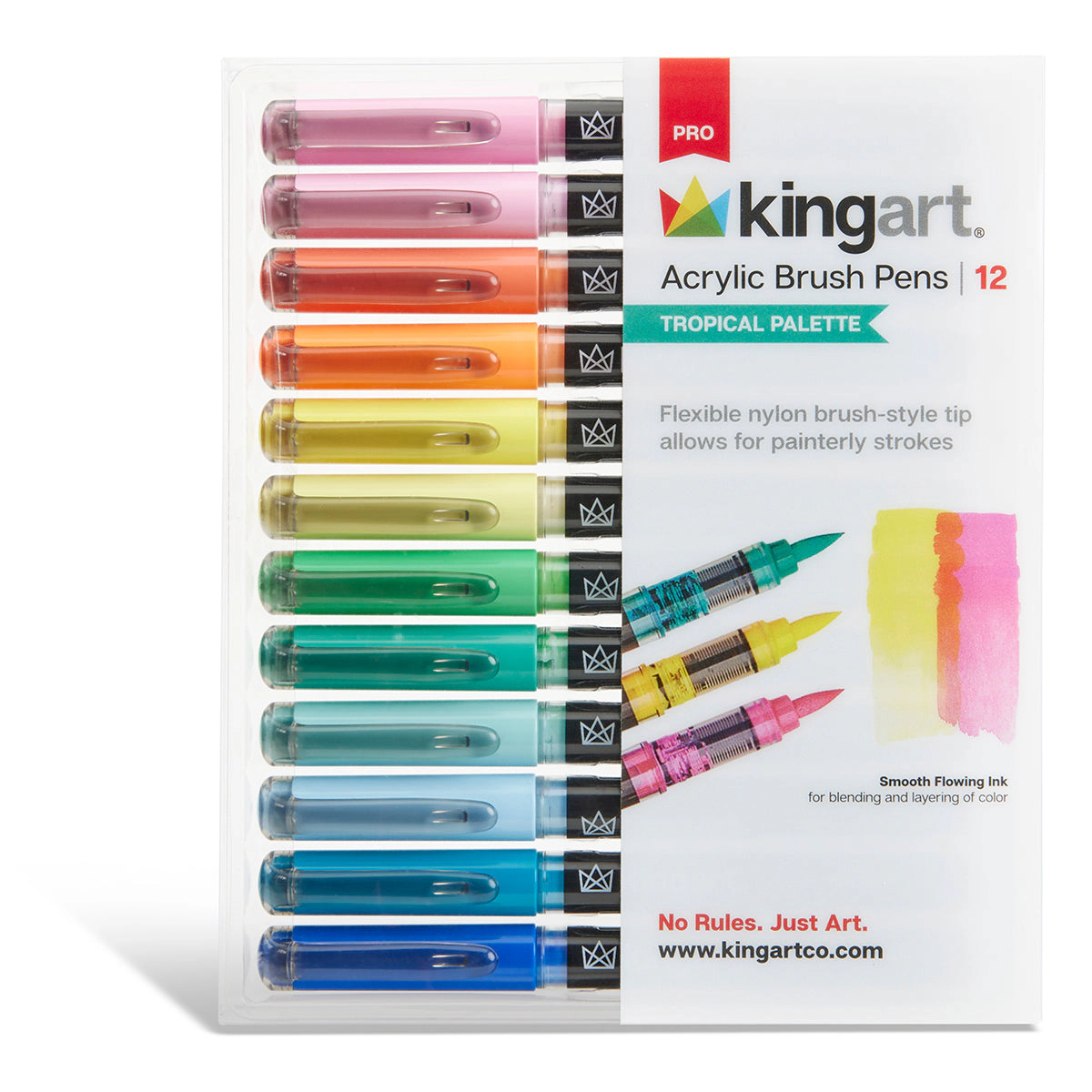 KINGART PRO Acrylic Brush Pens - 12 Tropical Colors with Clear Blender