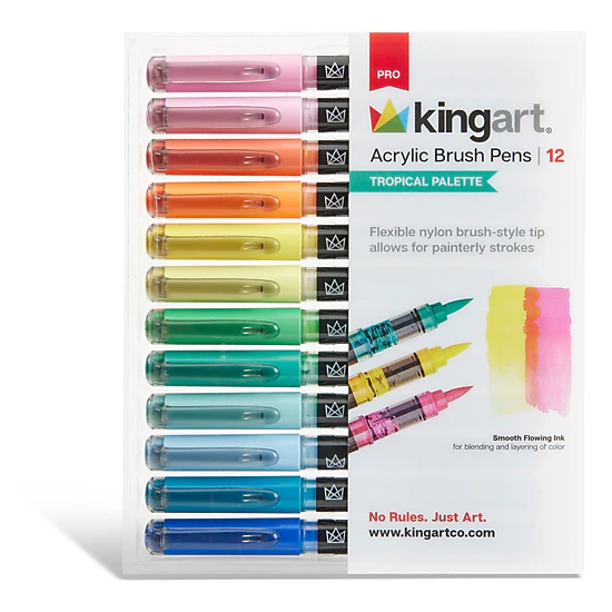 KINGART PRO Acrylic Brush Pens - 12 Tropical Colors with Clear Blender