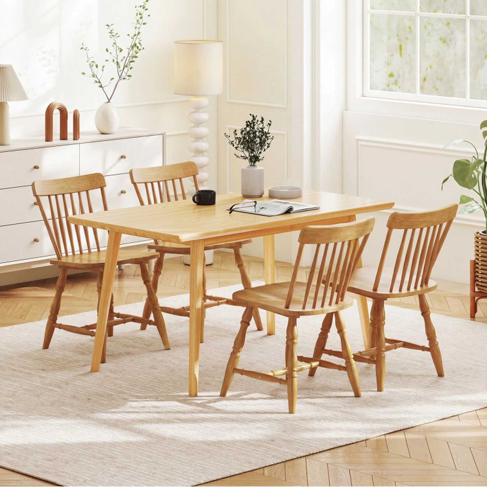 SUGIFT Set of 4 Natural Windsor Dining Chairs with Curved Spindle Back 18.5-in W 31.5-in H 330-lb Per Chair