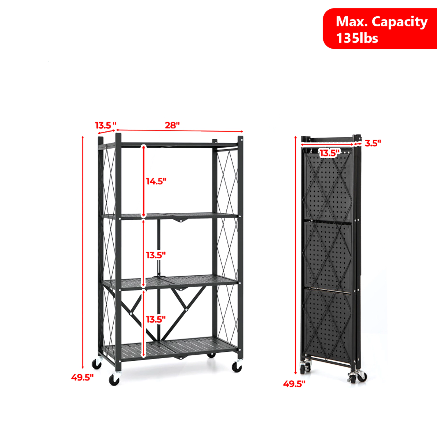 Hivvago Foldable 4-Tier Storage Rack with Locking Wheels